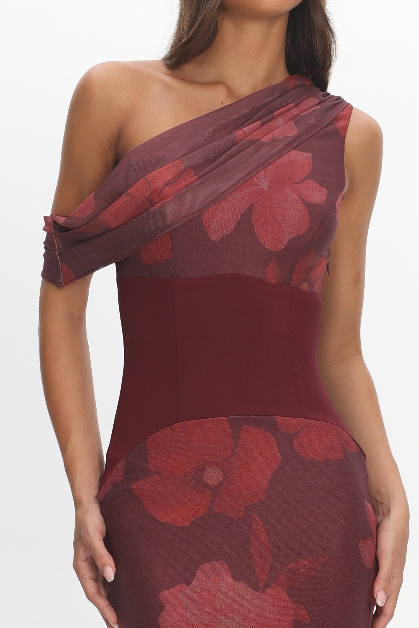 Milos Asymmetric Neckline Maxi Dress Floral Grape-Maymioy