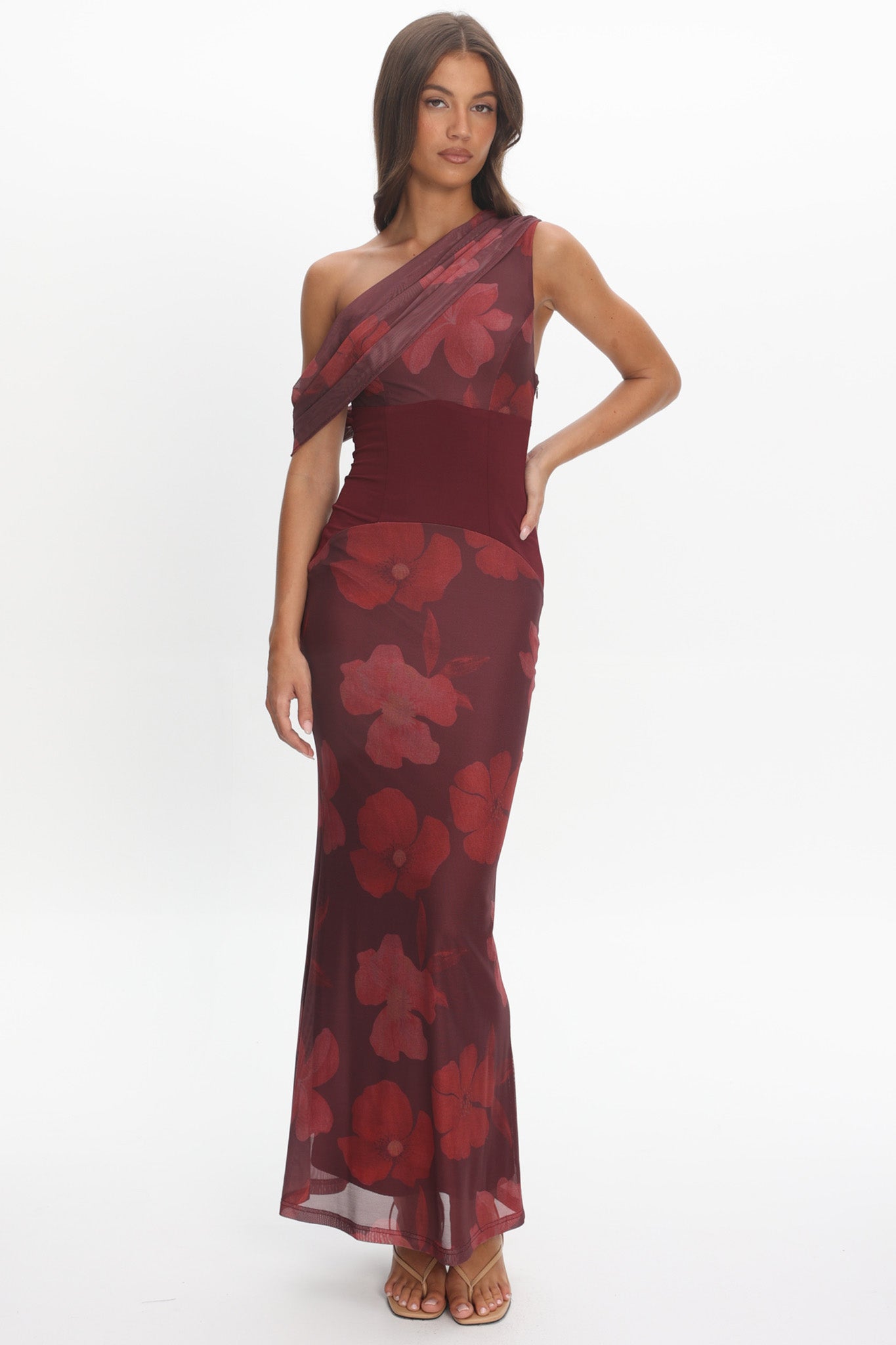 Milos Asymmetric Neckline Maxi Dress Floral Grape-Maymioy