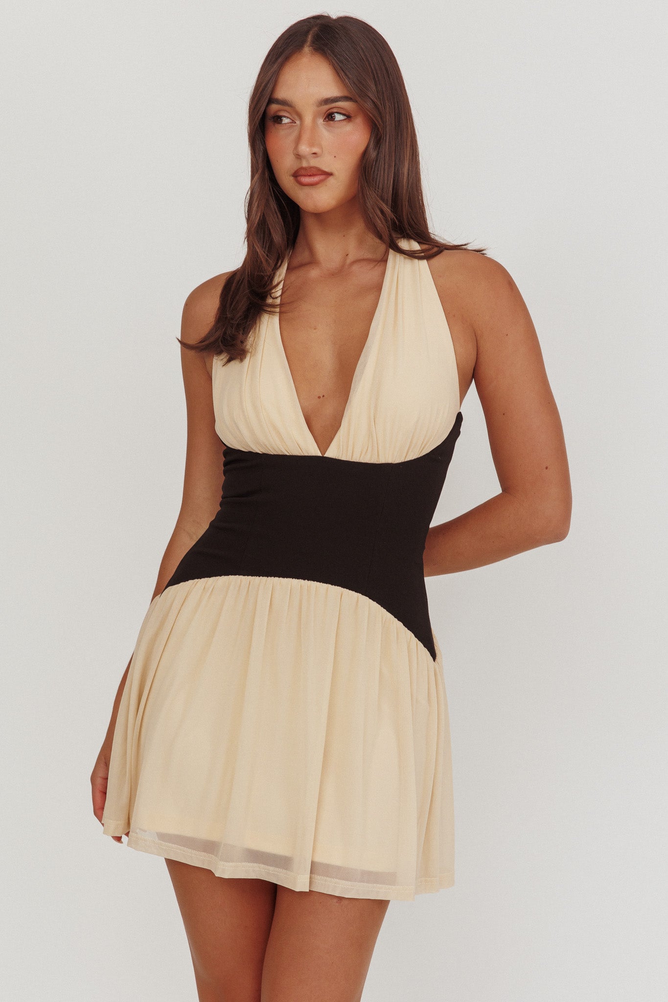 Milos Contrast Halter Mini Dress Cream-Maymioy