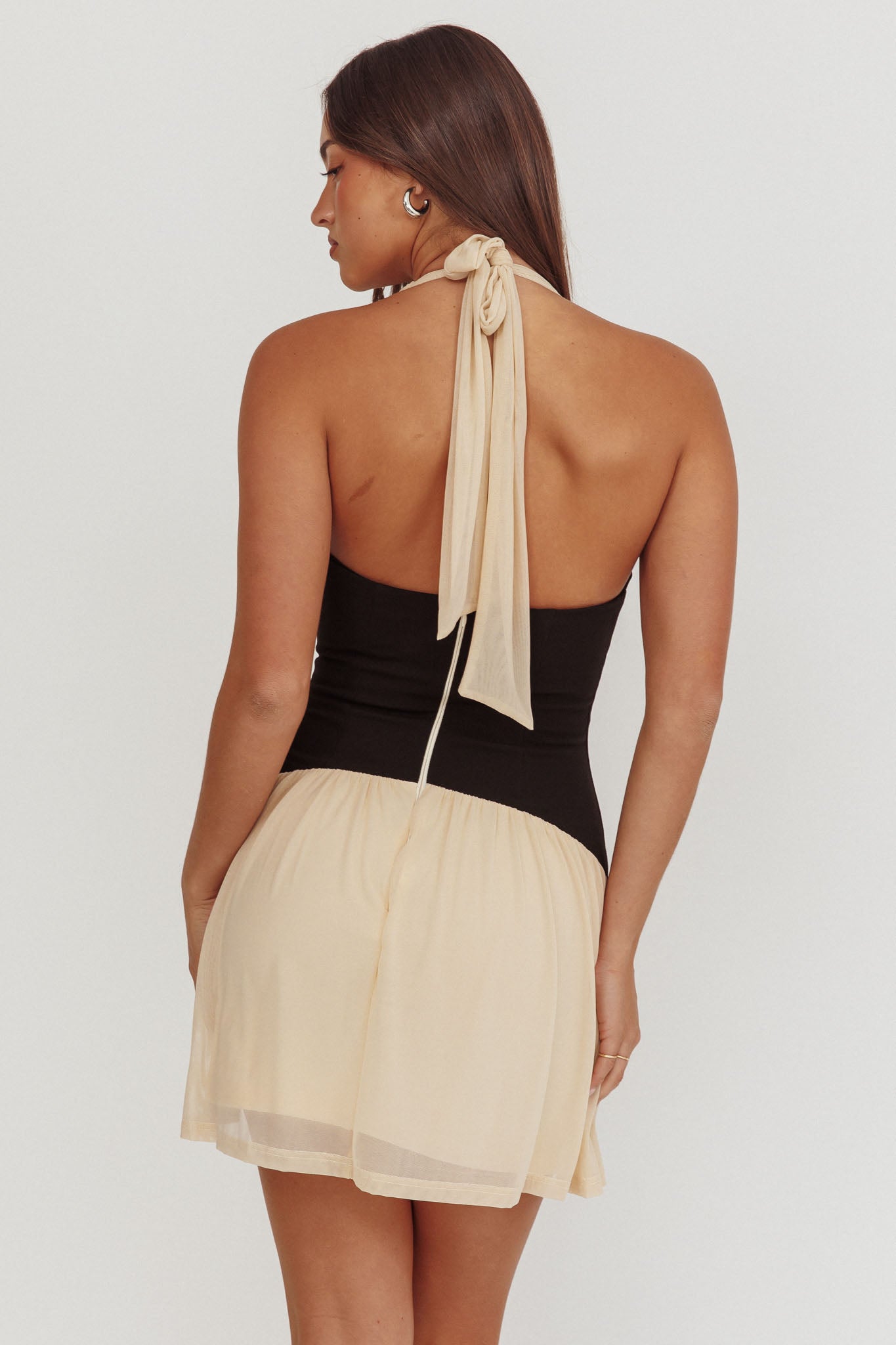 Milos Contrast Halter Mini Dress Cream-Maymioy