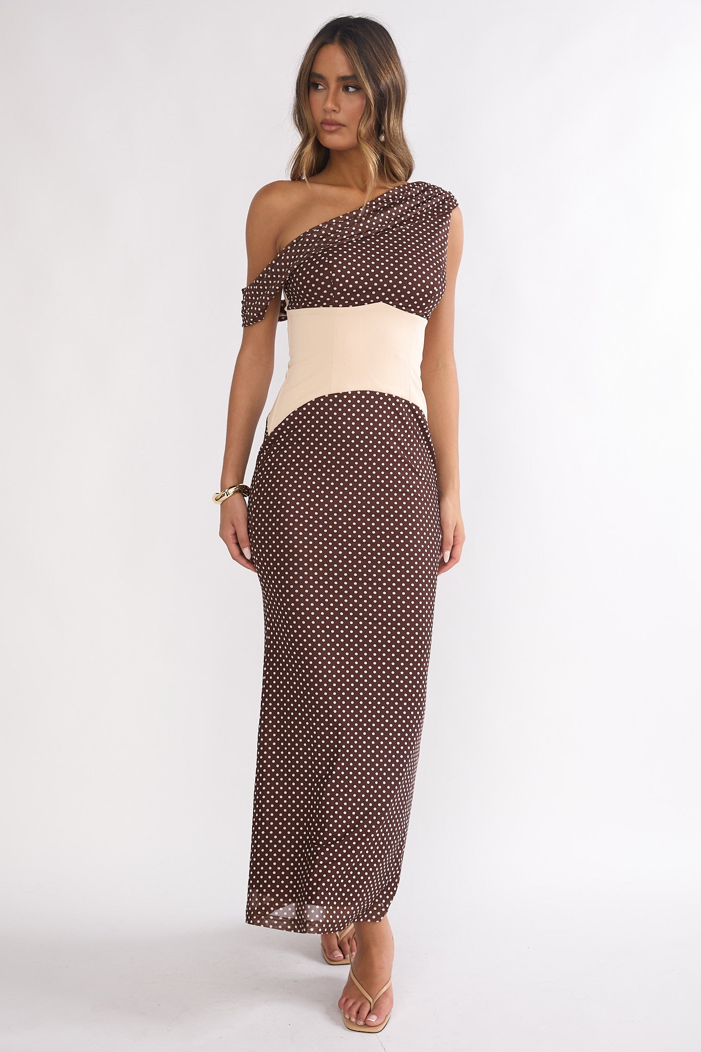 Milos Asymmetric Neckline Maxi Dress Chocolate Dot-Maymioy