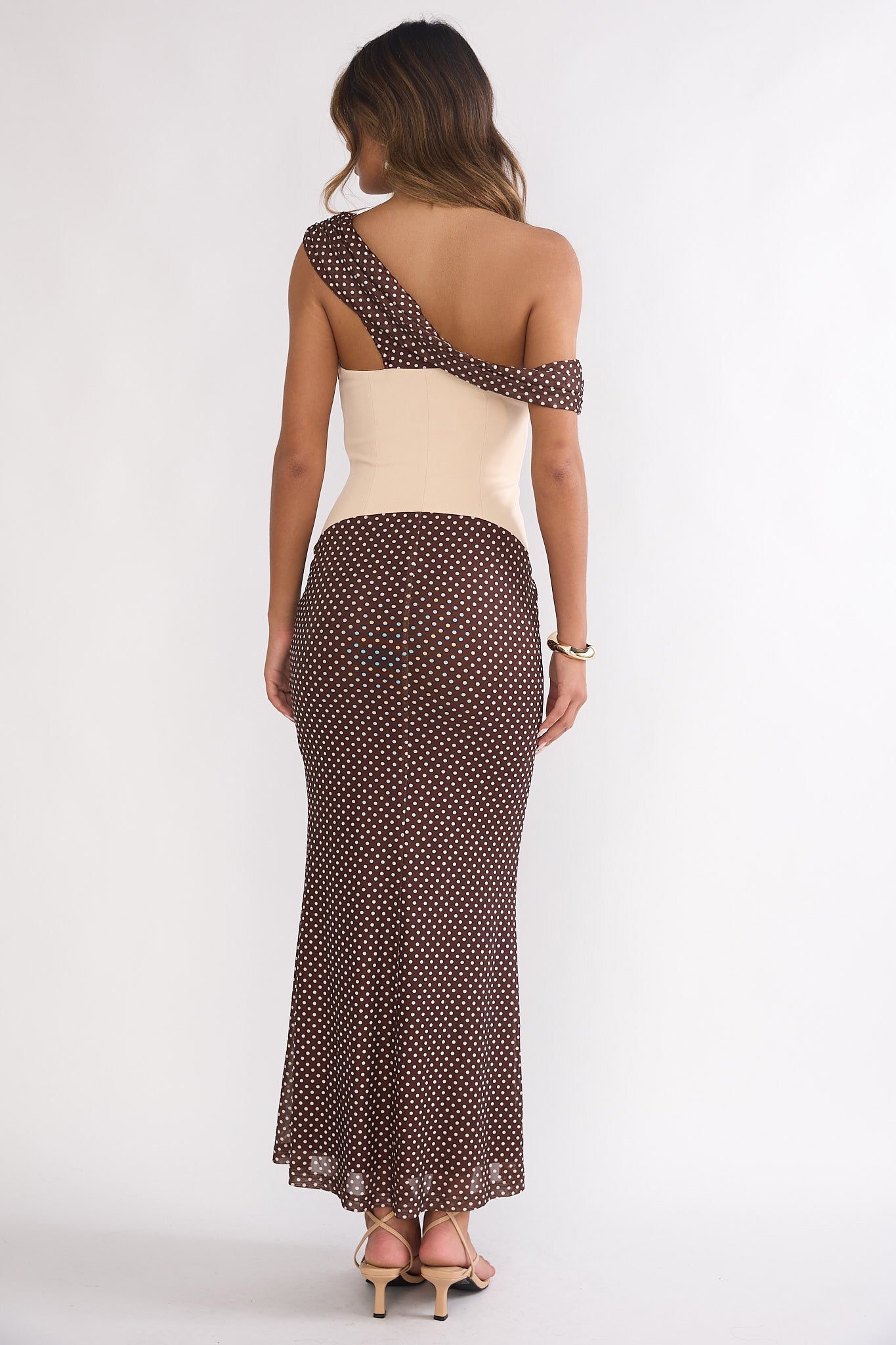 Milos Asymmetric Neckline Maxi Dress Chocolate Dot-Maymioy