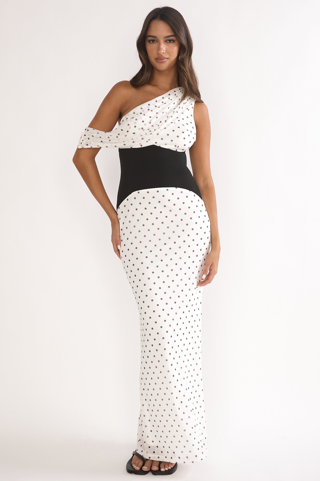 Milos Asymmetric Neckline Maxi Dress Polka Dot Brown-Maymioy