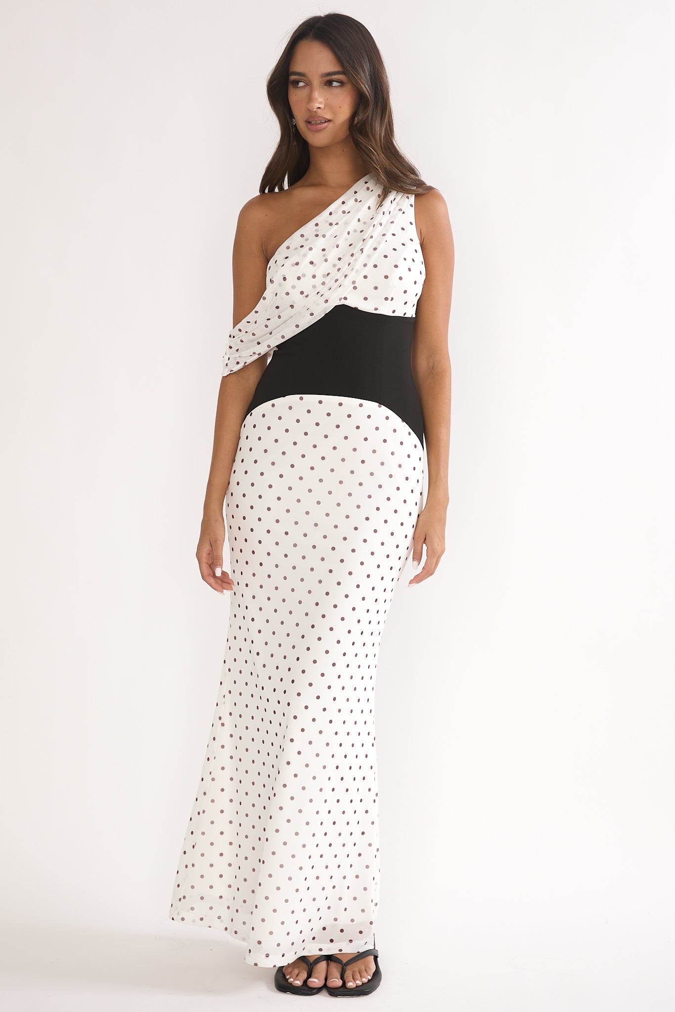 Milos Asymmetric Neckline Maxi Dress Polka Dot Brown-Maymioy