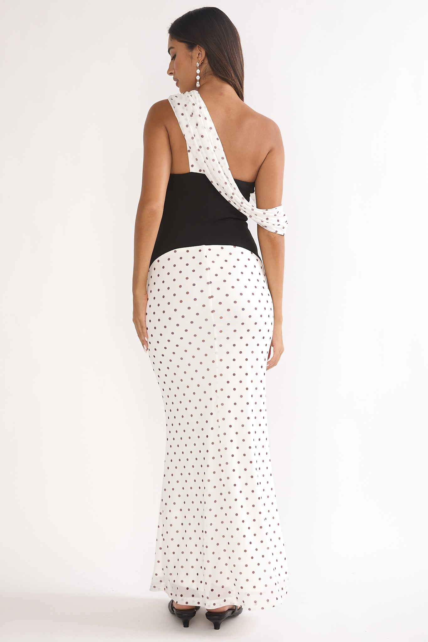 Milos Asymmetric Neckline Maxi Dress Polka Dot Brown-Maymioy