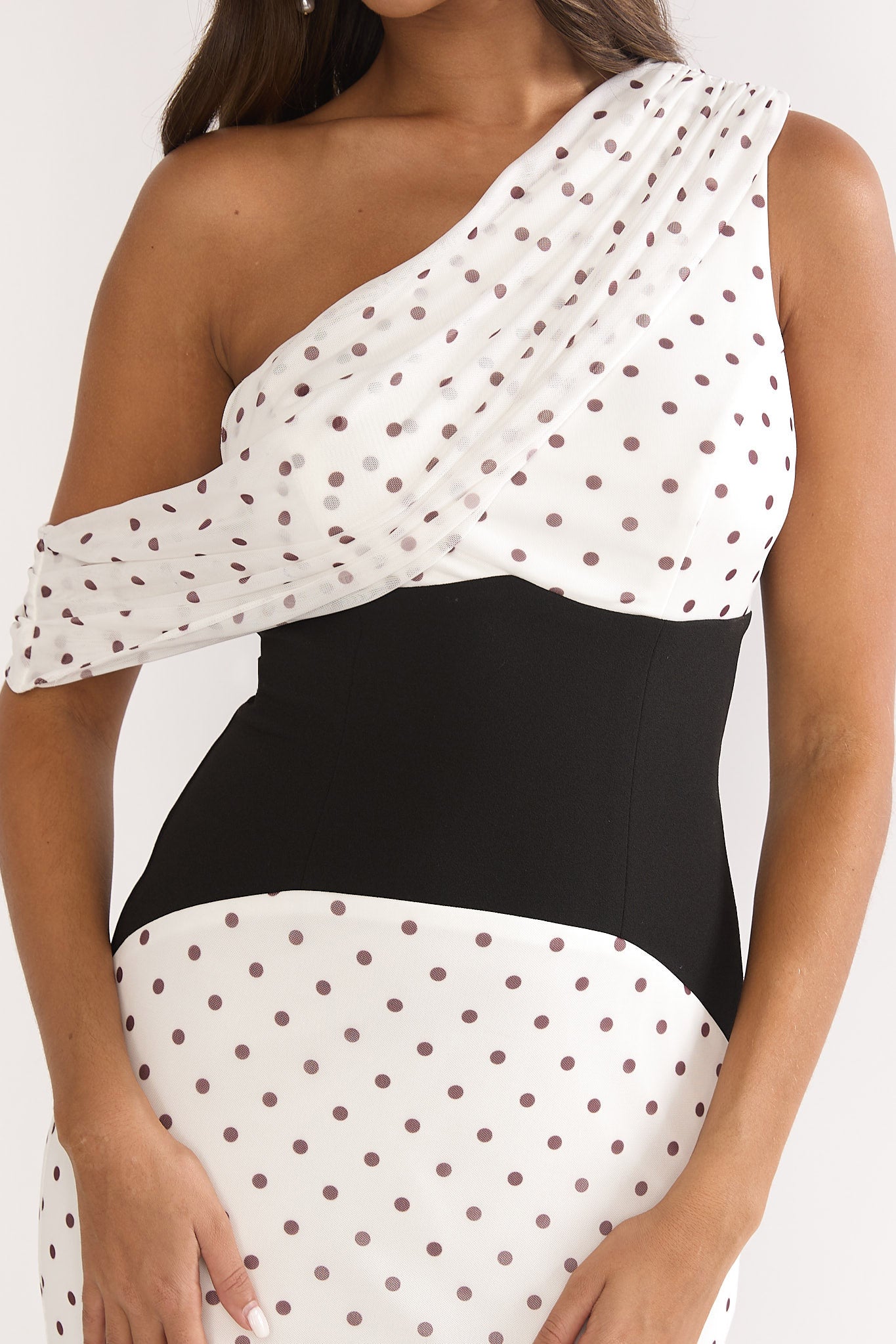 Milos Asymmetric Neckline Maxi Dress Polka Dot Brown-Maymioy