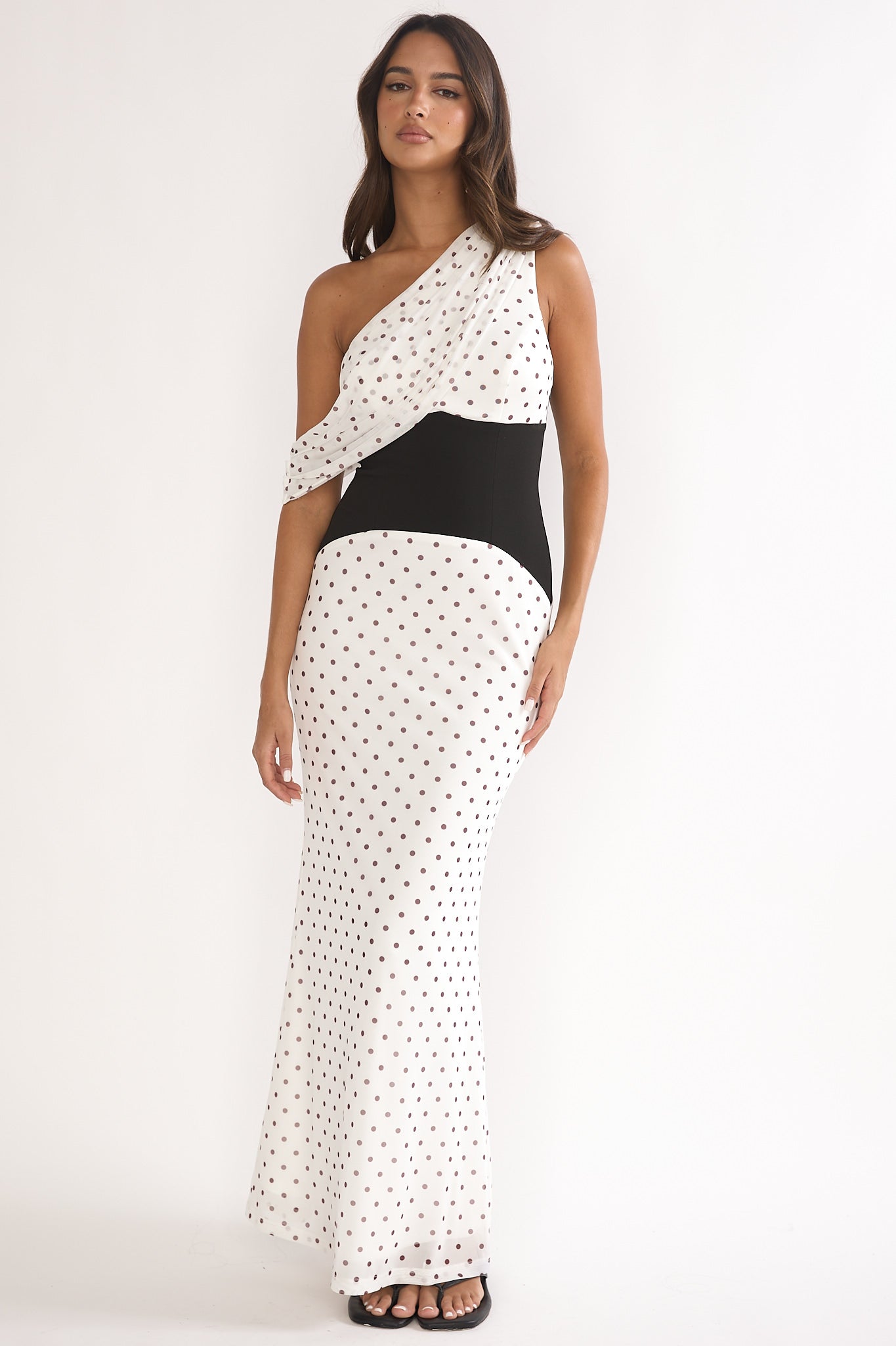 Milos Asymmetric Neckline Maxi Dress Polka Dot Brown-Maymioy