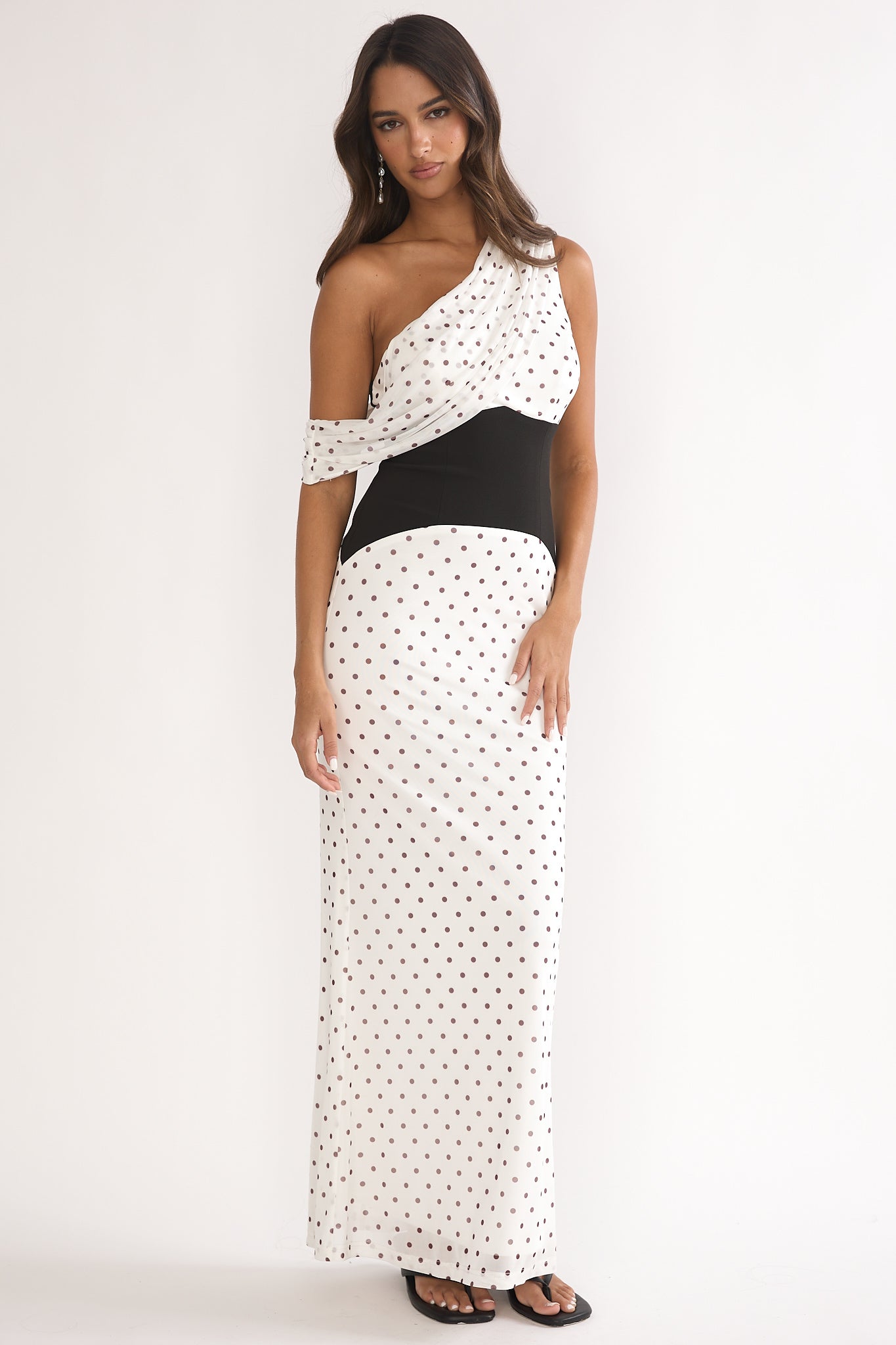 Milos Asymmetric Neckline Maxi Dress Polka Dot Brown-Maymioy