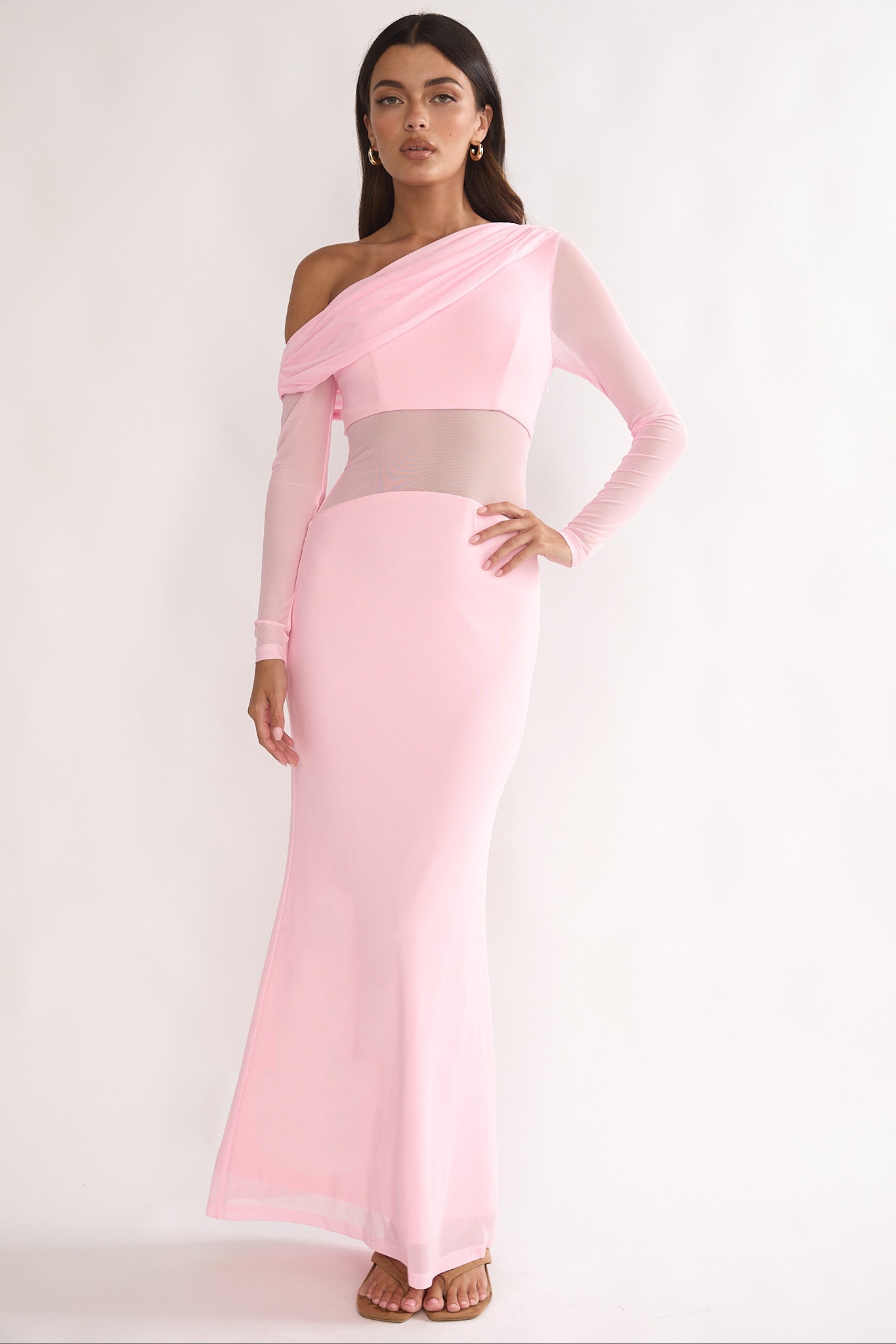 Milos Asymmetric Neckline Long Sleeve Maxi Dress Pink-Maymioy