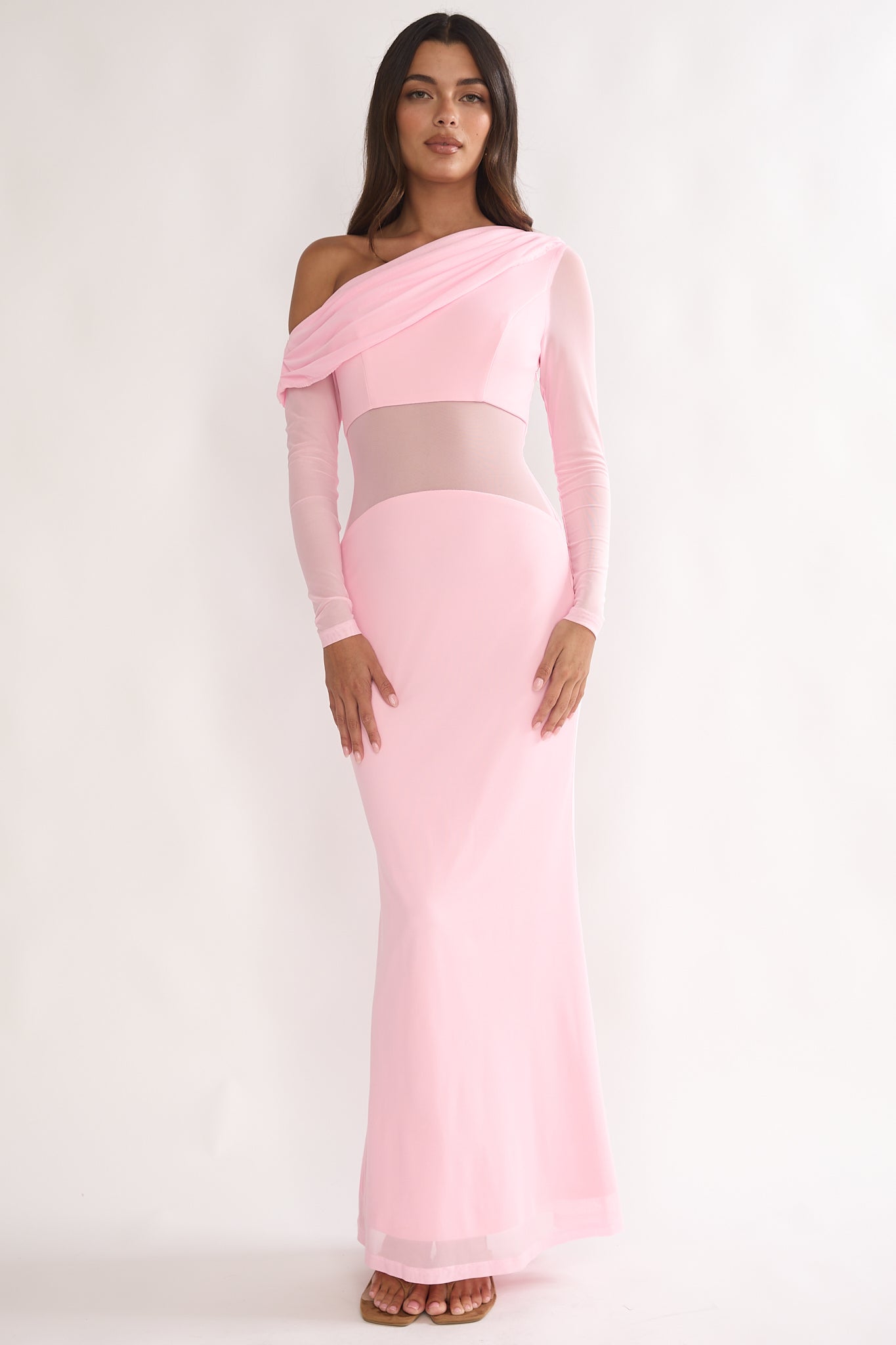 Milos Asymmetric Neckline Long Sleeve Maxi Dress Pink-Maymioy