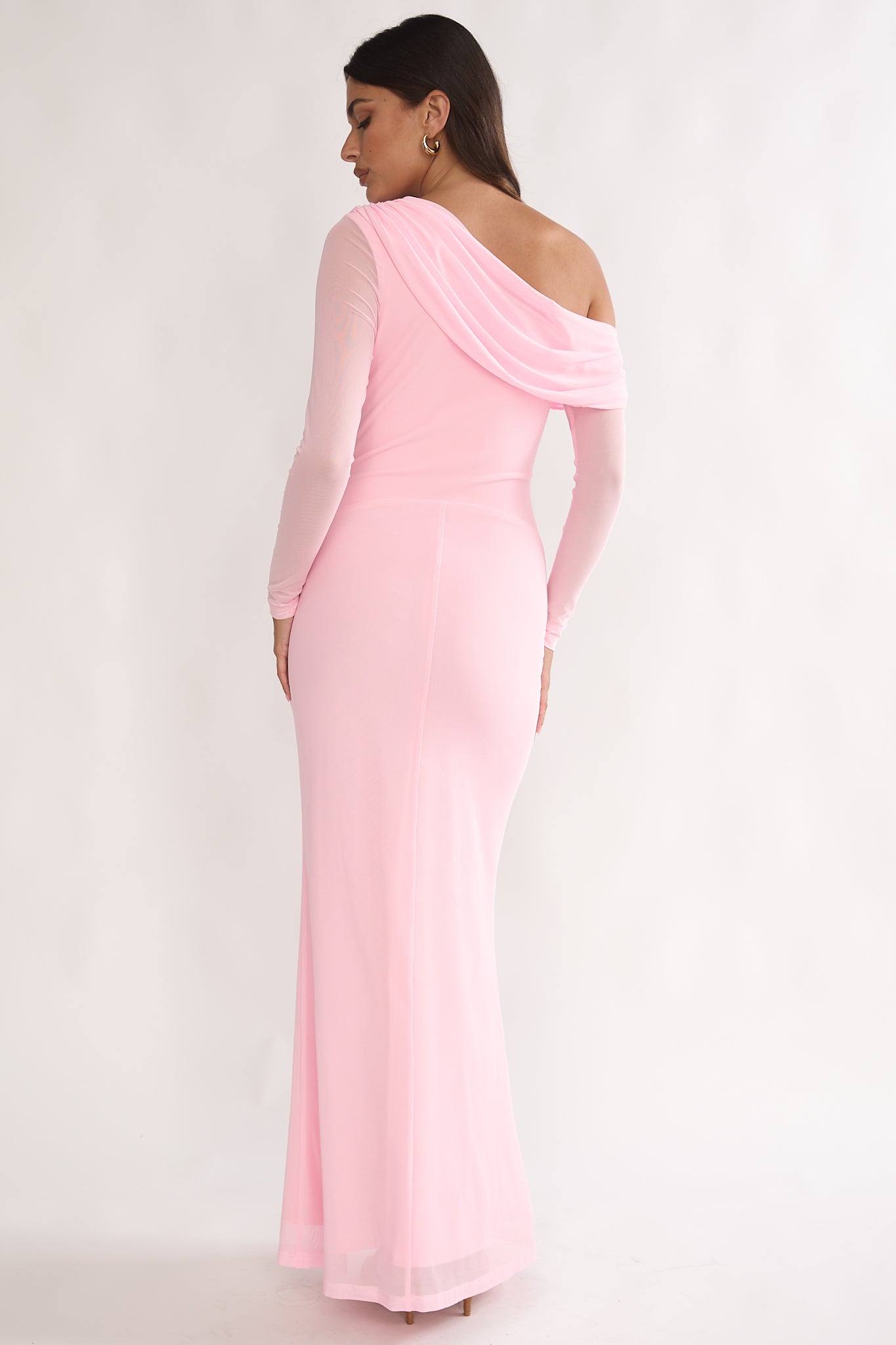 Milos Asymmetric Neckline Long Sleeve Maxi Dress Pink-Maymioy