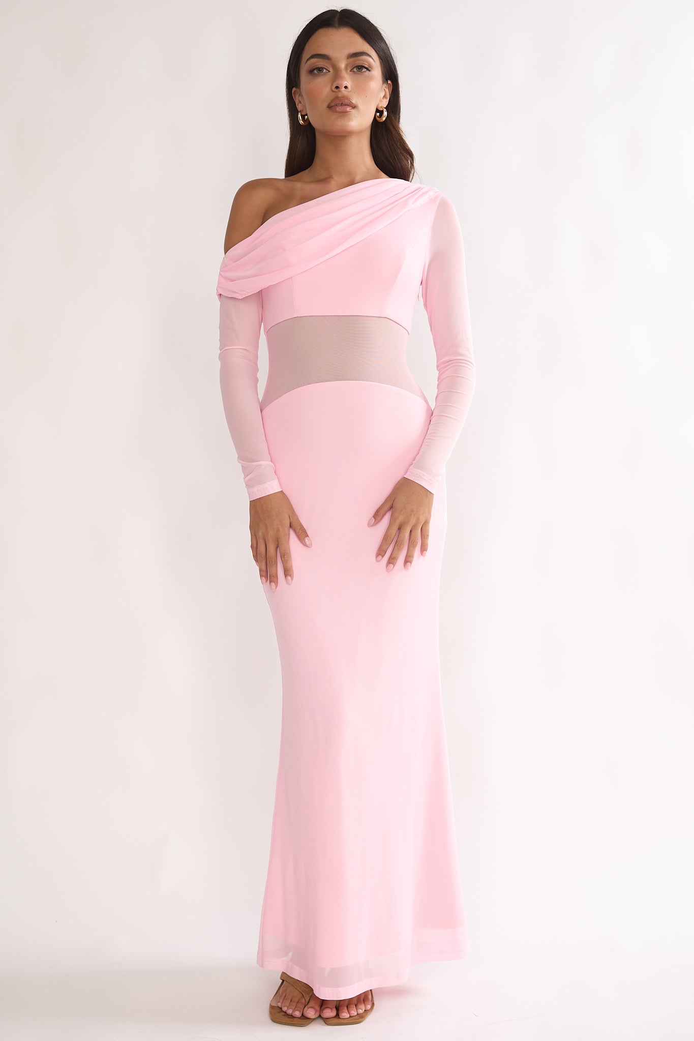 Milos Asymmetric Neckline Long Sleeve Maxi Dress Pink-Maymioy
