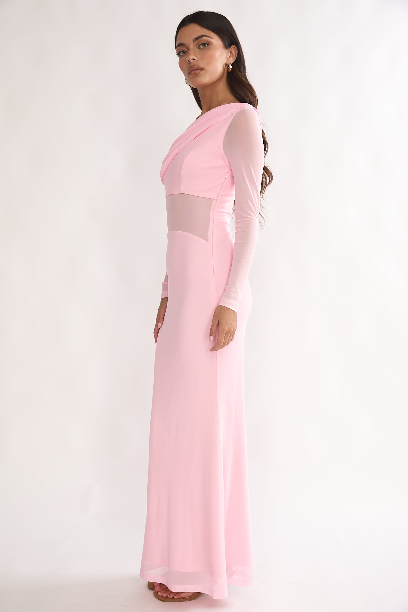 Milos Asymmetric Neckline Long Sleeve Maxi Dress Pink-Maymioy