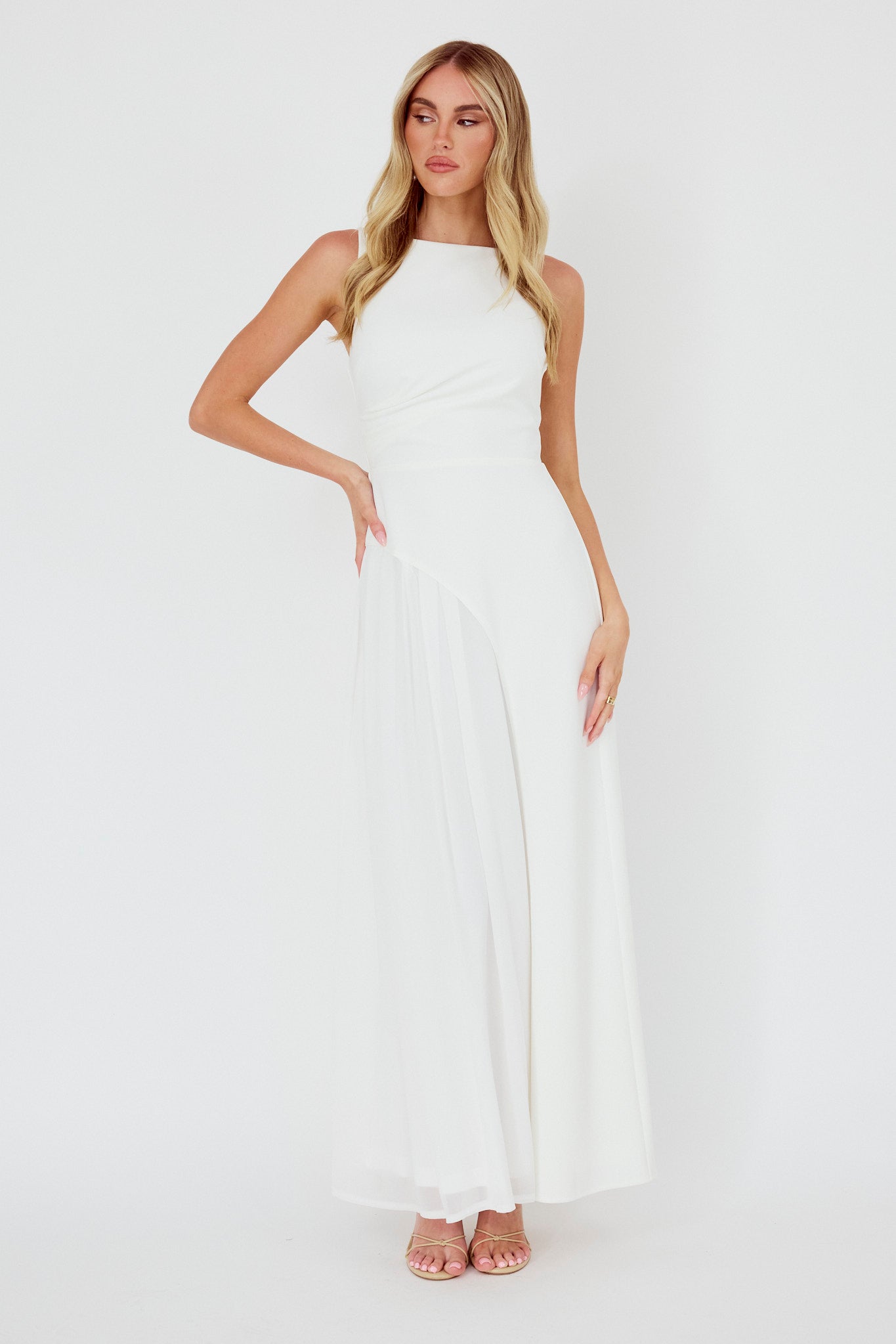 Ibis Pleat Detail Maxi Dress Off White-Maymioy