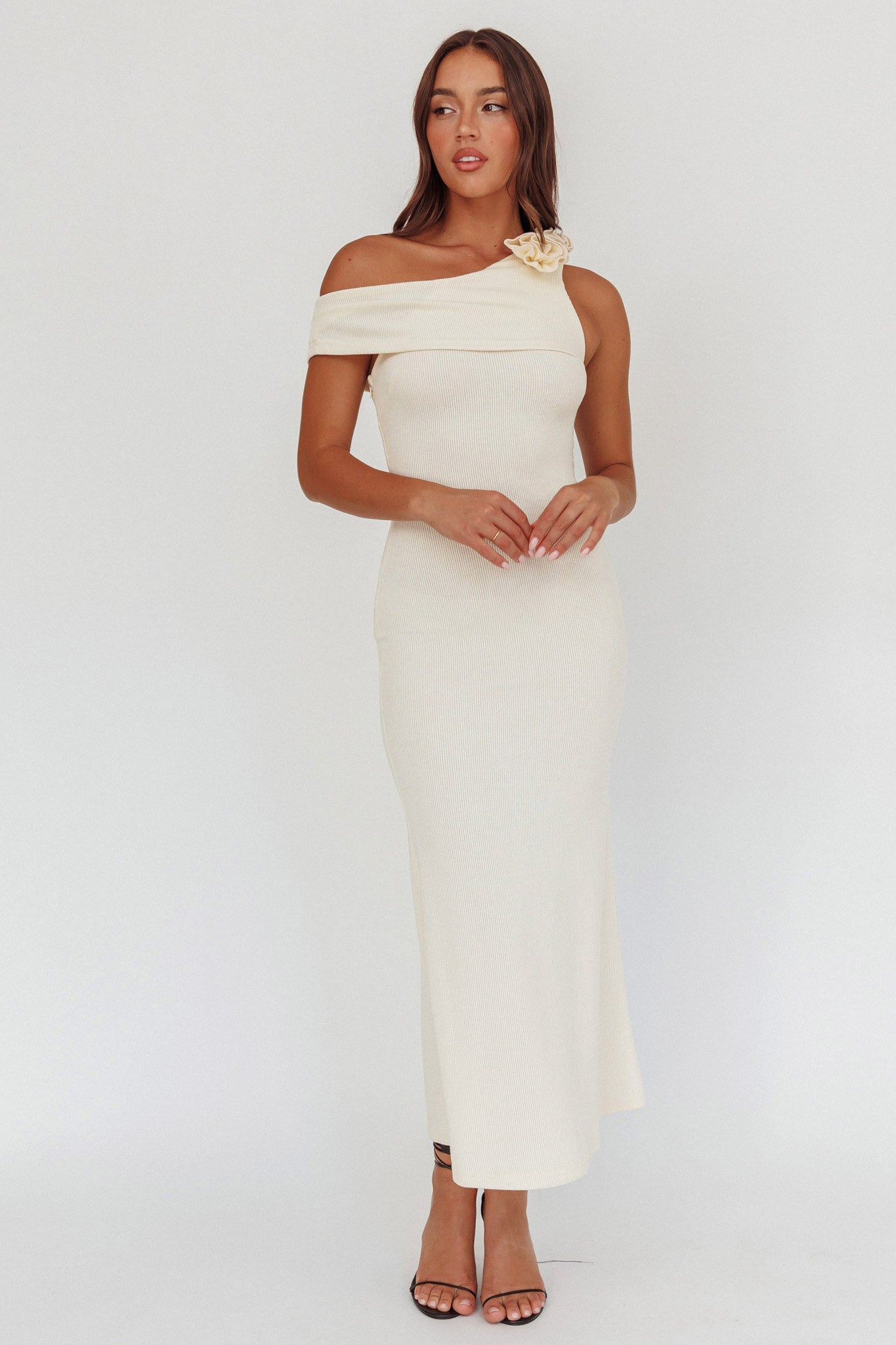 Mazon One-Shoulder Knit Maxi Dress Butter-Maymioy