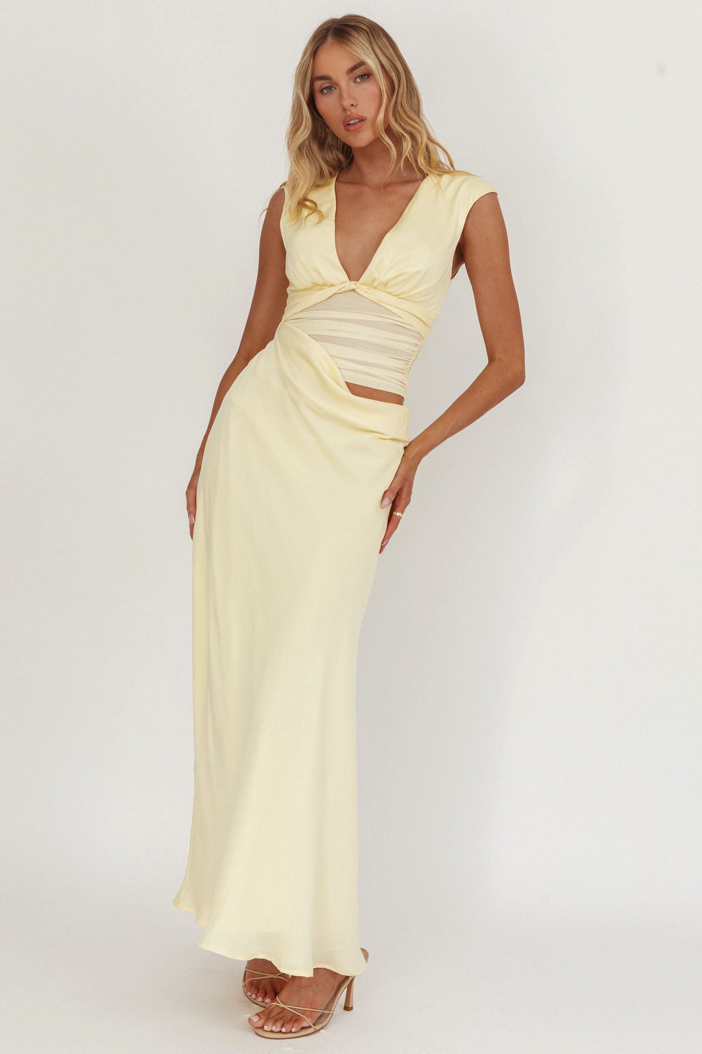 Sun Gaze Sheer Ruched Waist Maxi Dress Butter-Maymioy