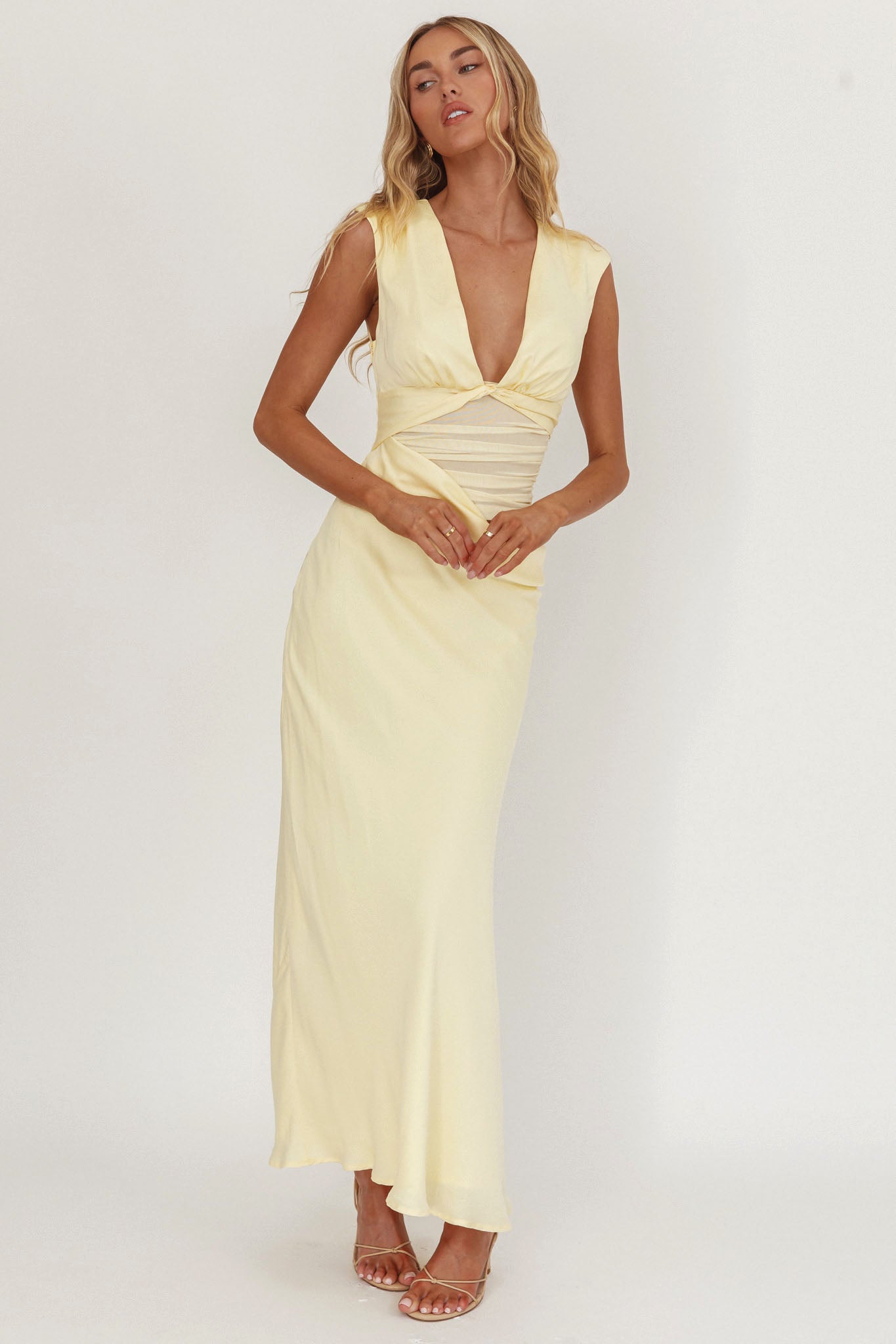 Sun Gaze Sheer Ruched Waist Maxi Dress Butter-Maymioy