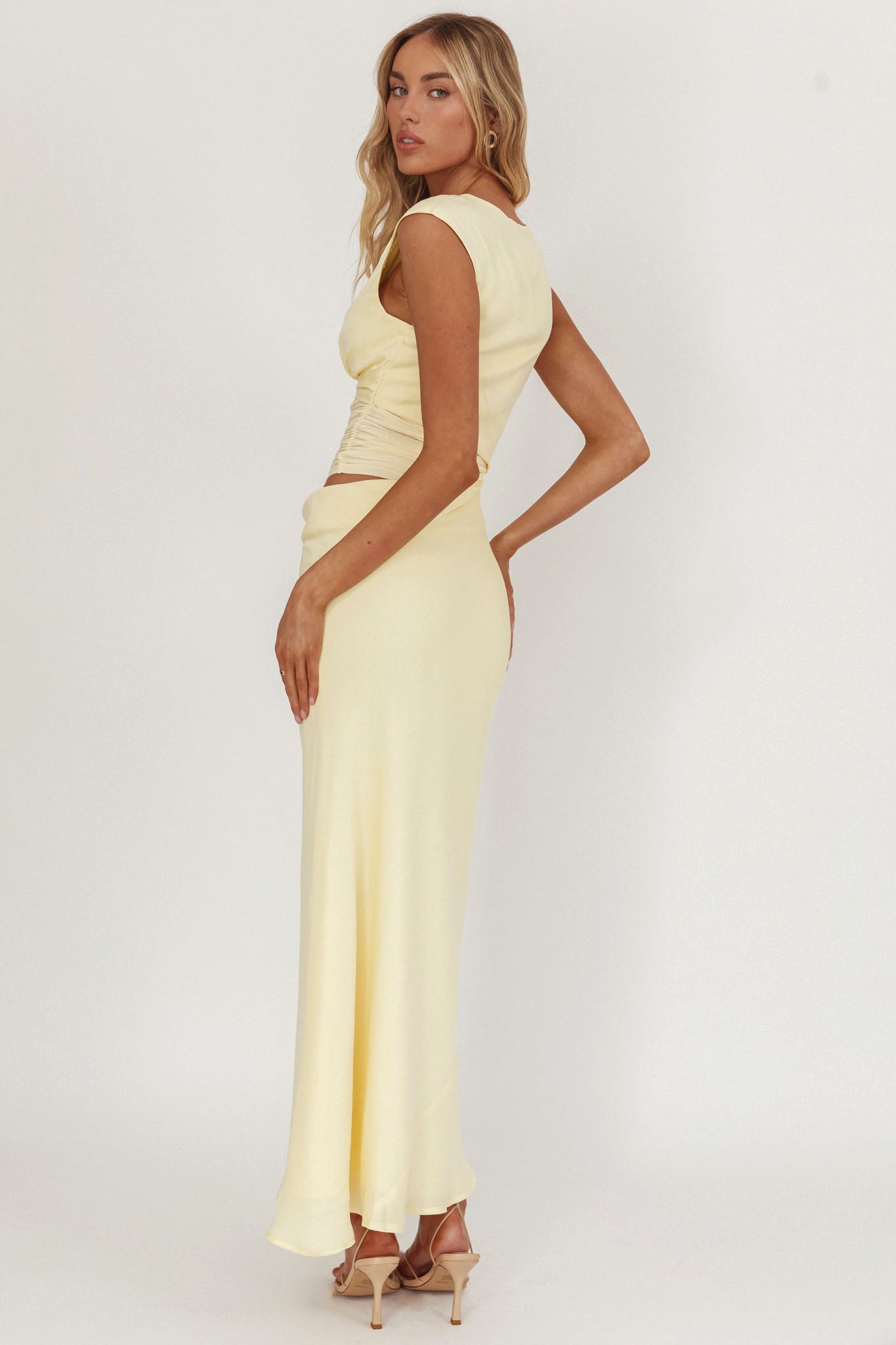 Sun Gaze Sheer Ruched Waist Maxi Dress Butter-Maymioy