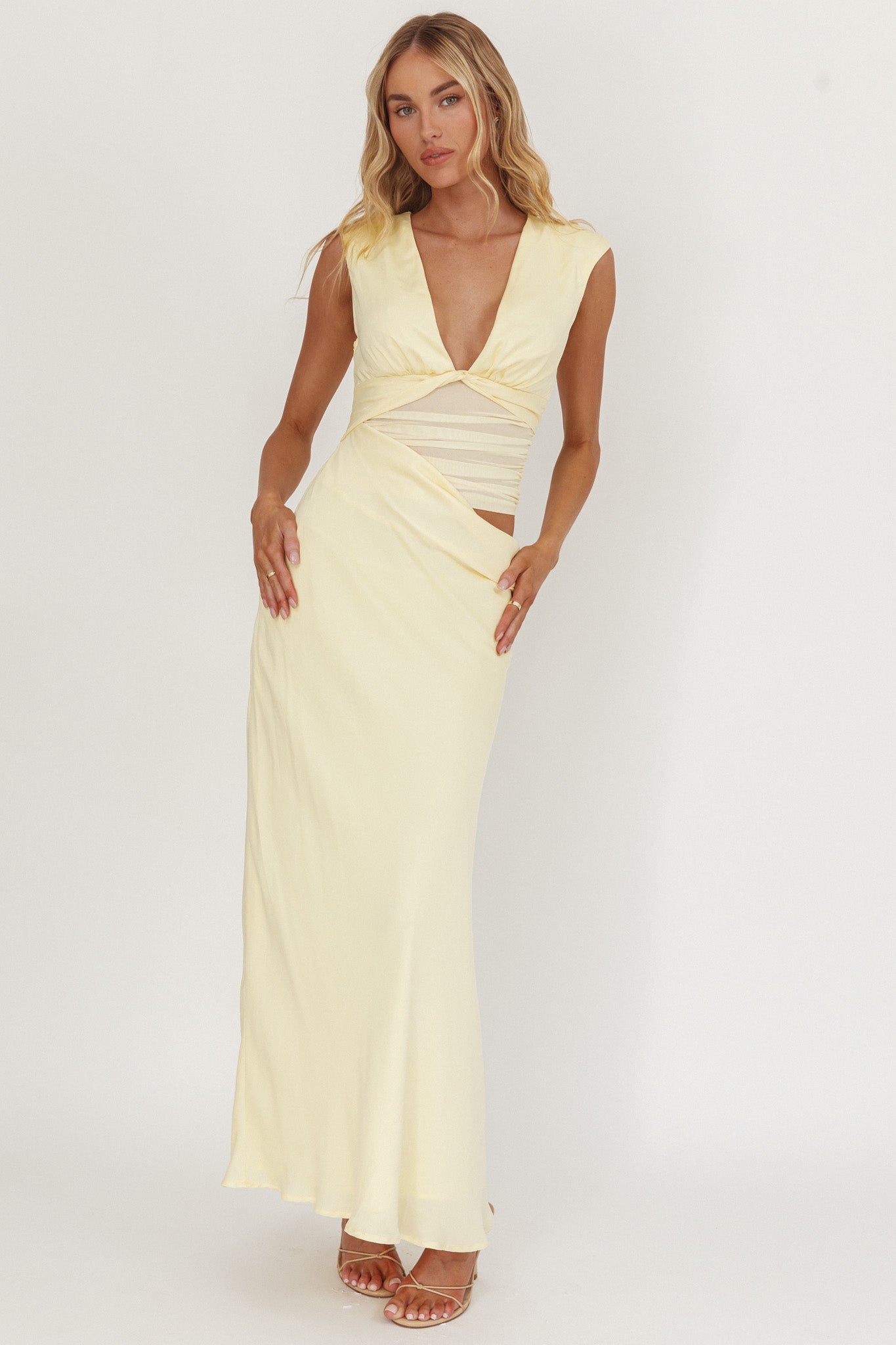 Sun Gaze Sheer Ruched Waist Maxi Dress Butter-Maymioy