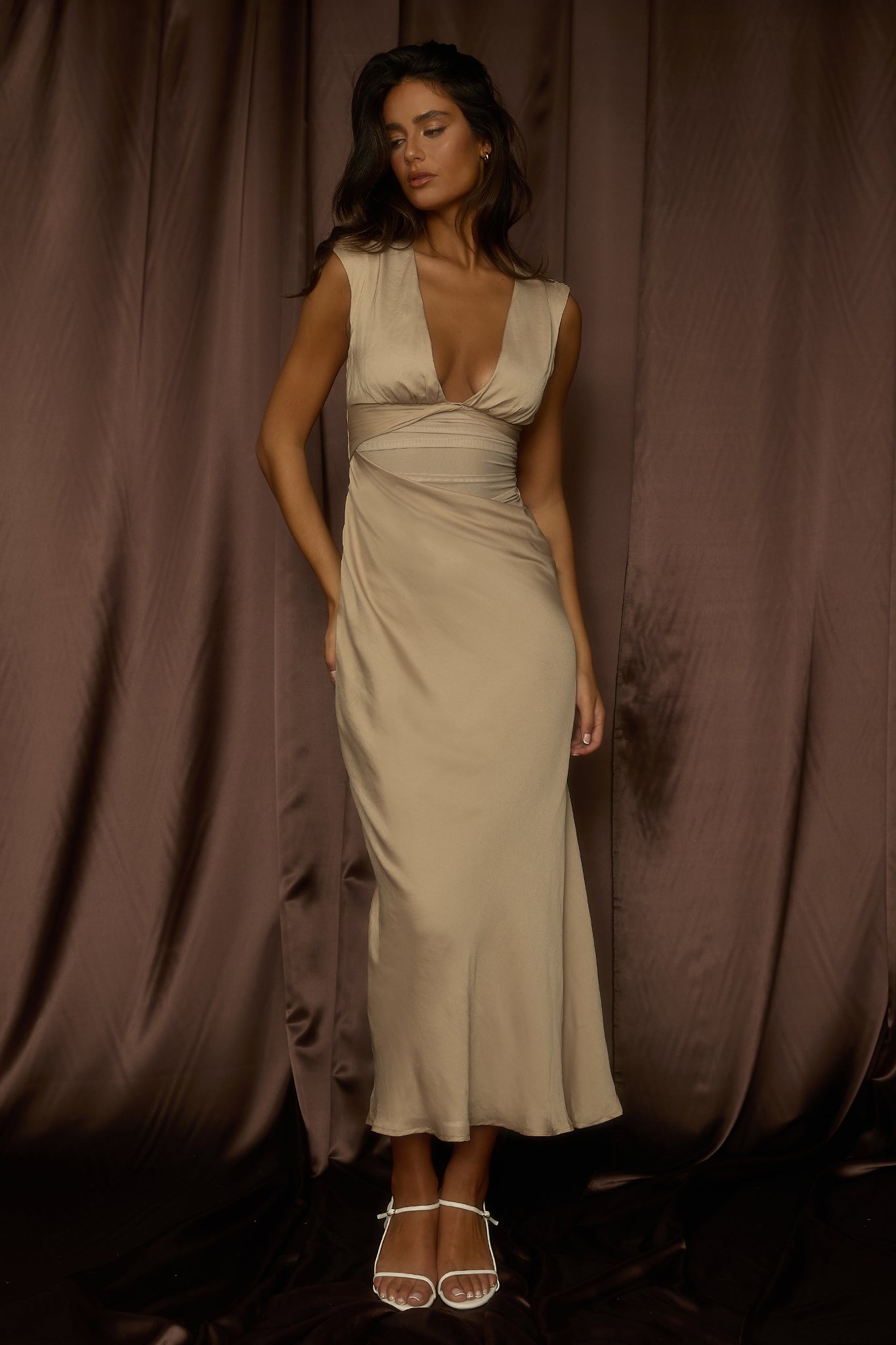 Sun Gaze Sheer Ruched Waist Maxi Dress Ecru-Maymioy