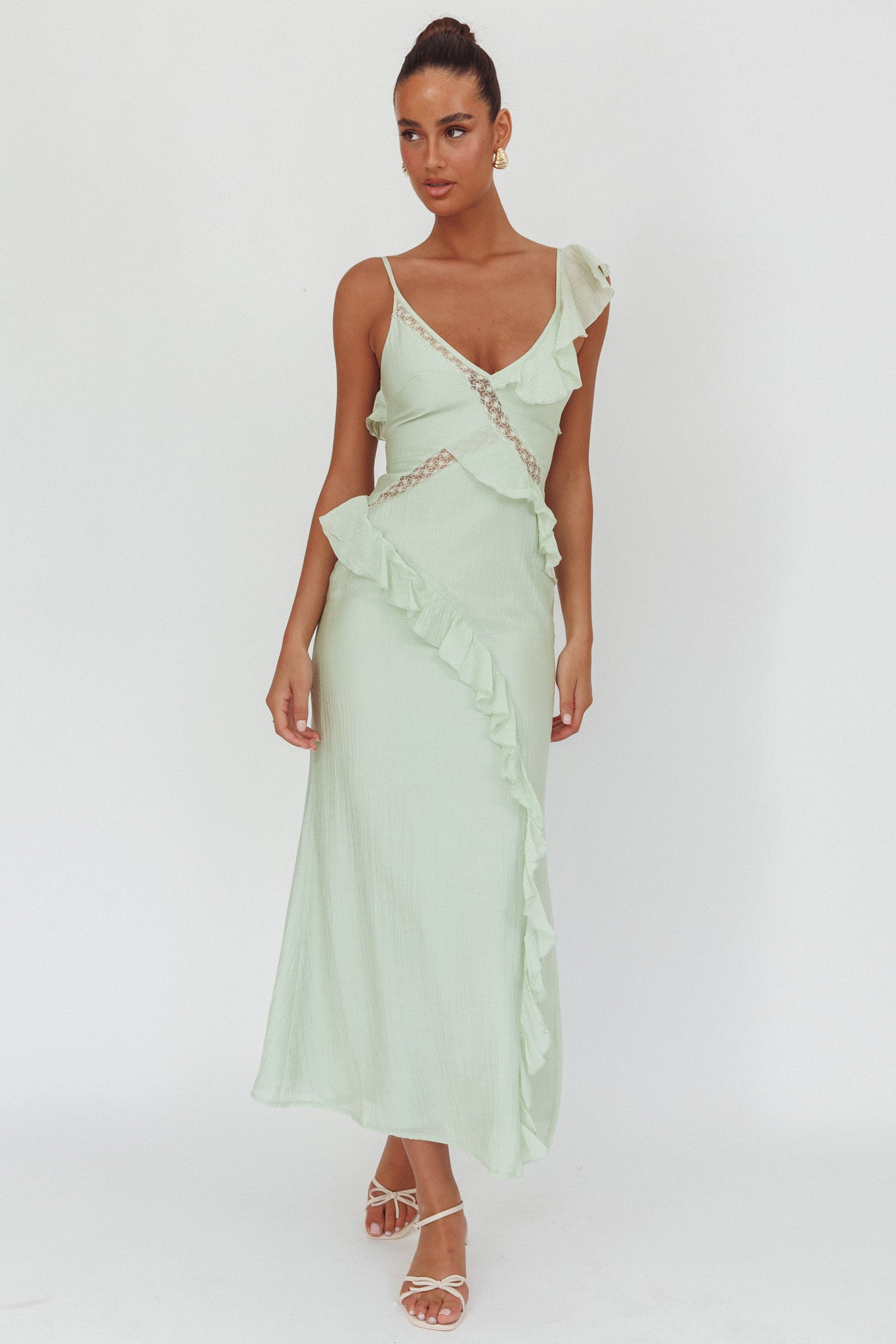 La Estrella Ruffle And Lace Trim Maxi Dress Sage-Maymioy