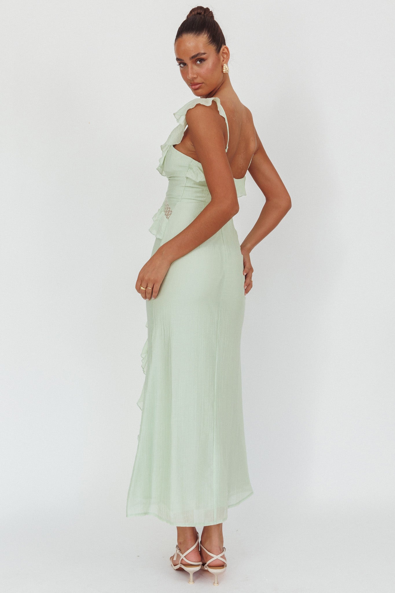 La Estrella Ruffle And Lace Trim Maxi Dress Sage-Maymioy