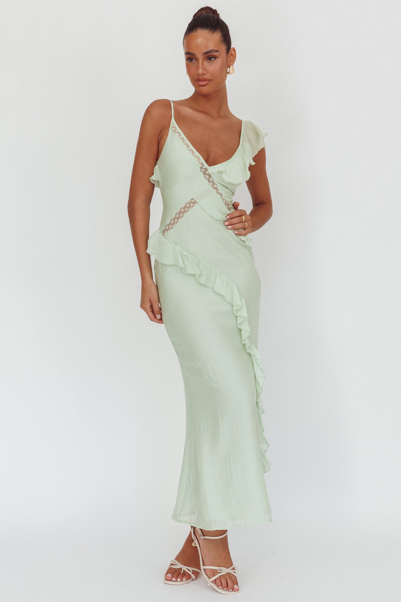 La Estrella Ruffle And Lace Trim Maxi Dress Sage-Maymioy