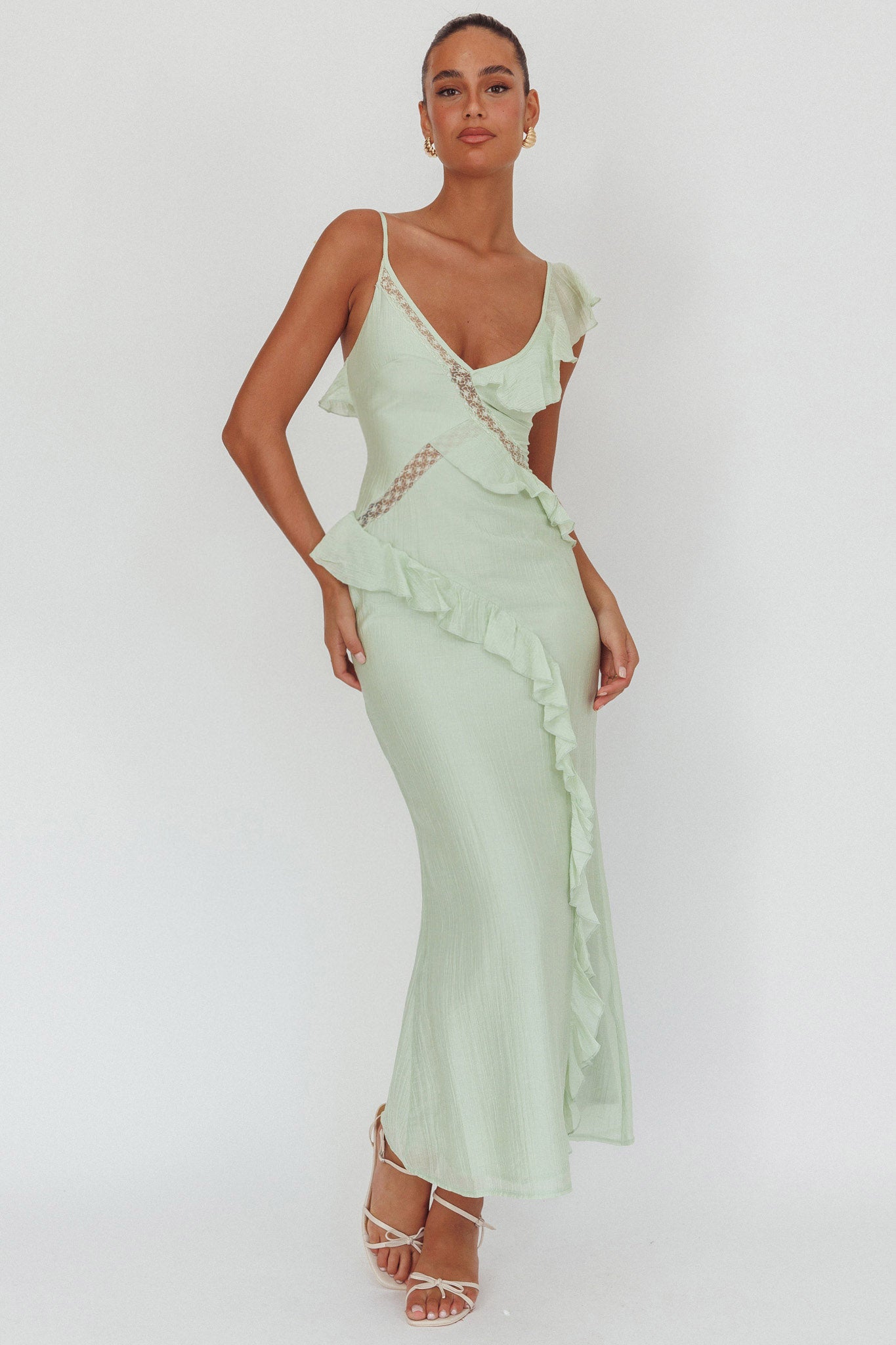 La Estrella Ruffle And Lace Trim Maxi Dress Sage-Maymioy
