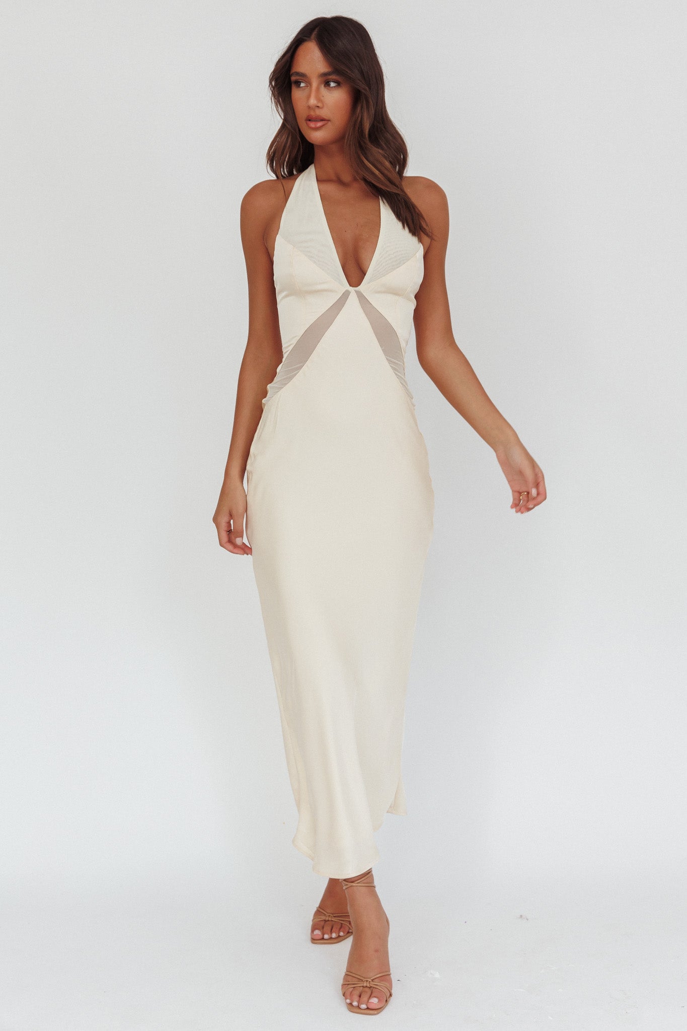 Kasi Sheer Panel Halter Maxi Dress Butter-Maymioy