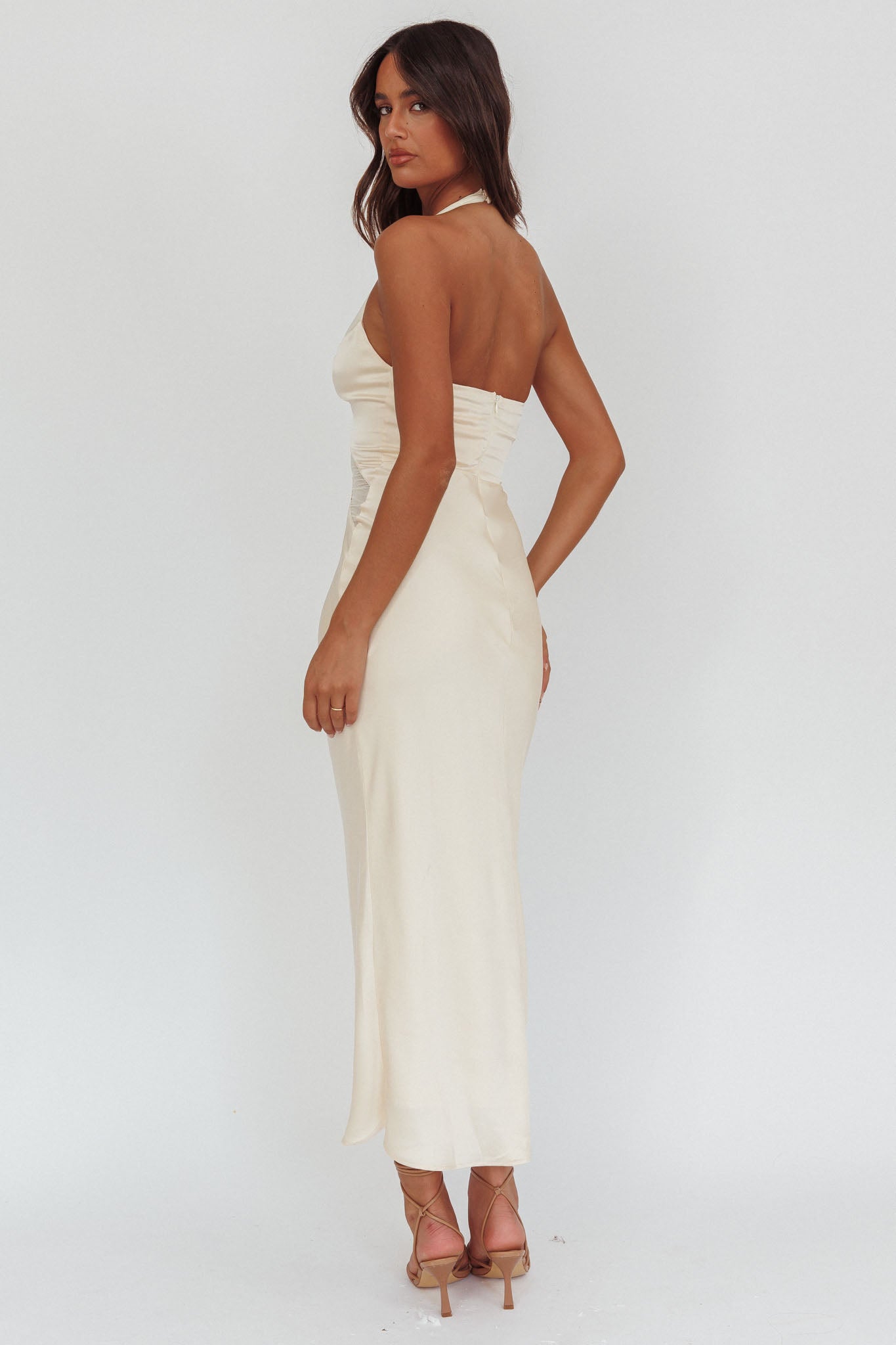 Kasi Sheer Panel Halter Maxi Dress Butter-Maymioy