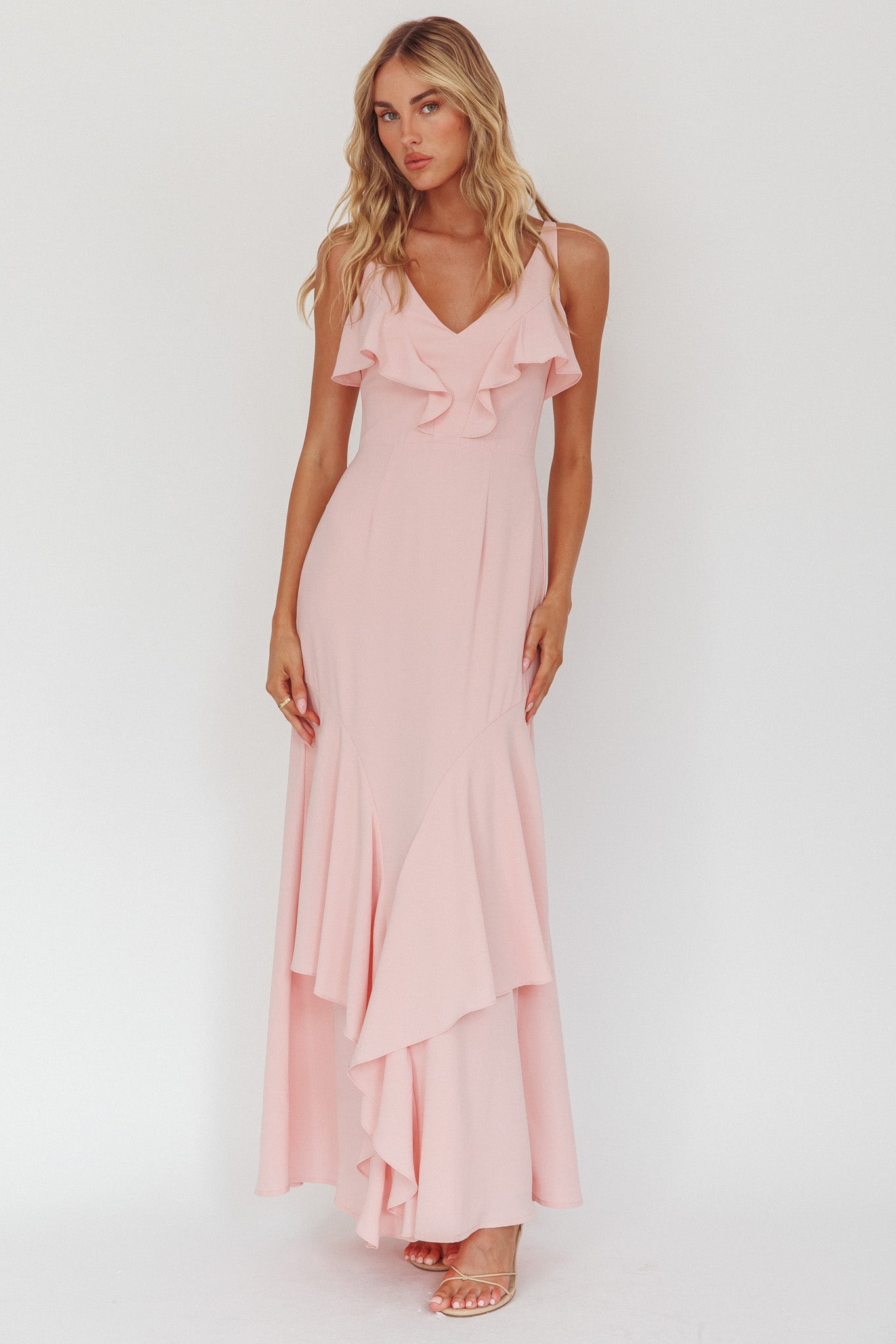 Firelights Ruffle Trim Maxi Dress Pink-Maymioy