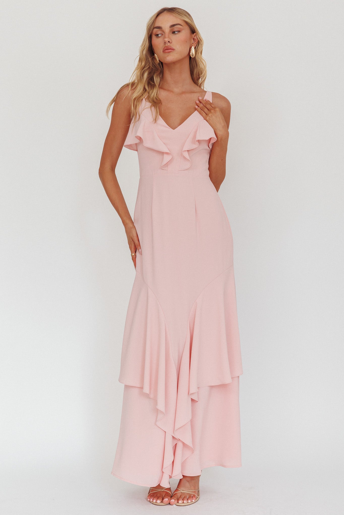 Firelights Ruffle Trim Maxi Dress Pink-Maymioy