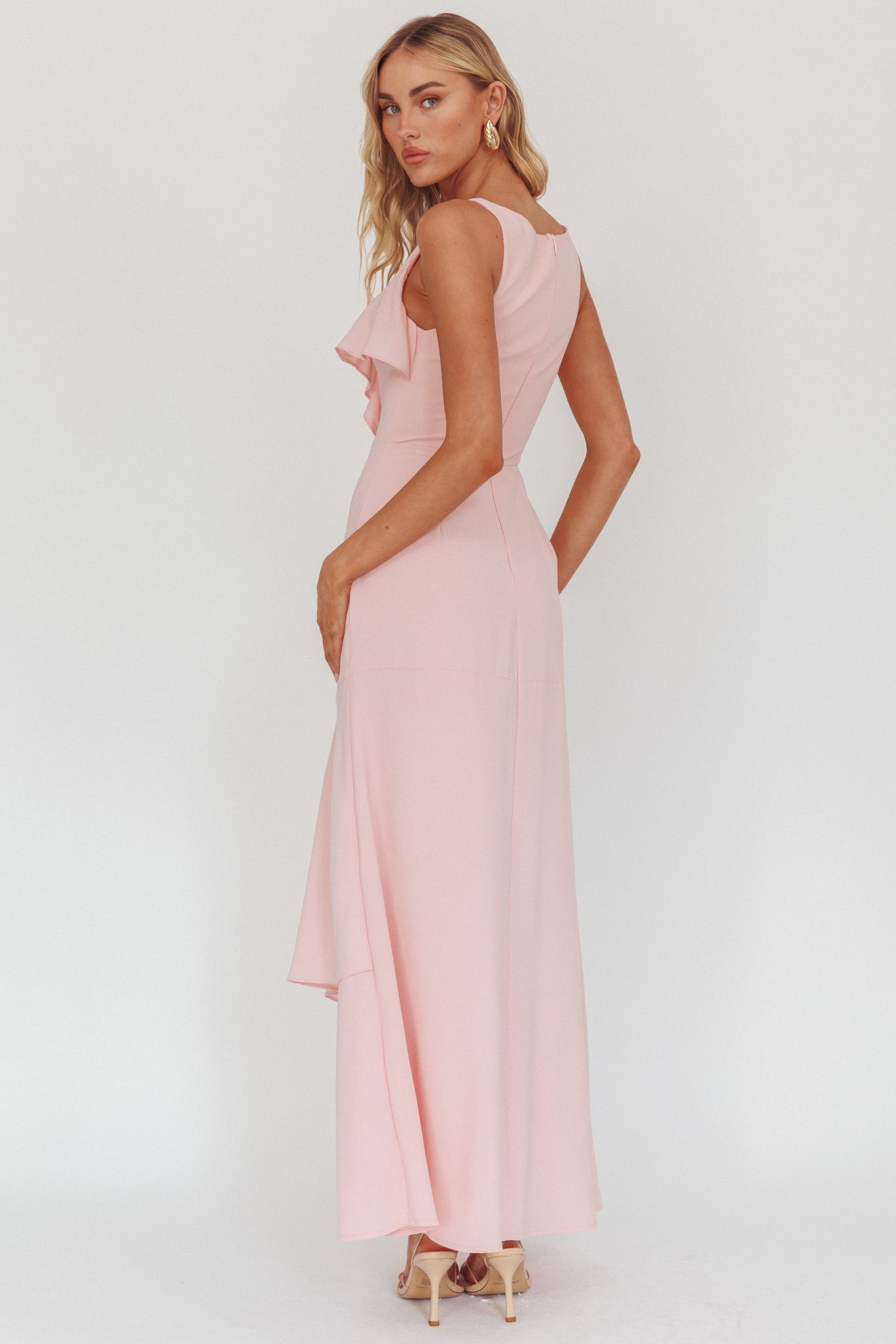 Firelights Ruffle Trim Maxi Dress Pink-Maymioy