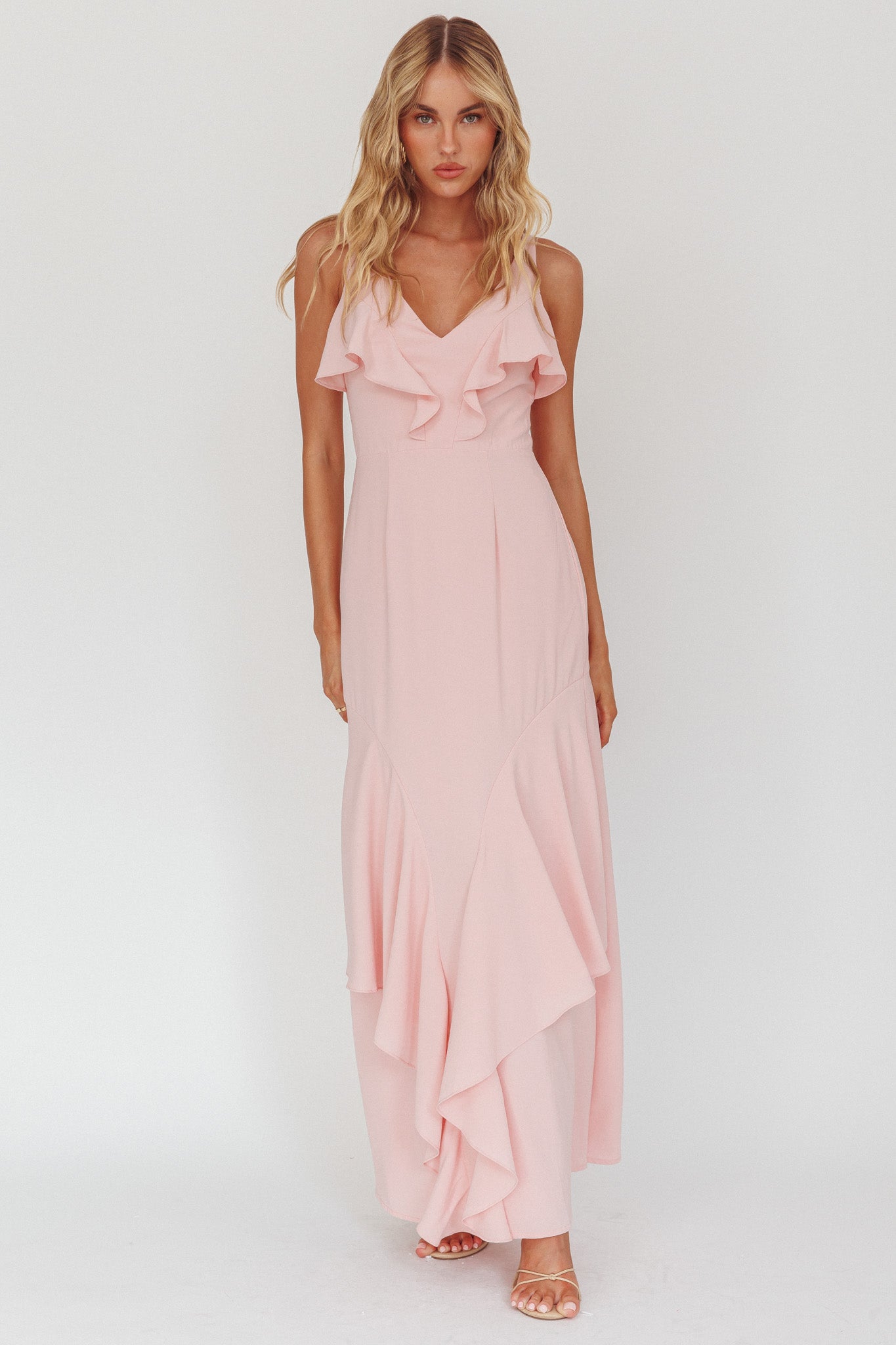 Firelights Ruffle Trim Maxi Dress Pink-Maymioy