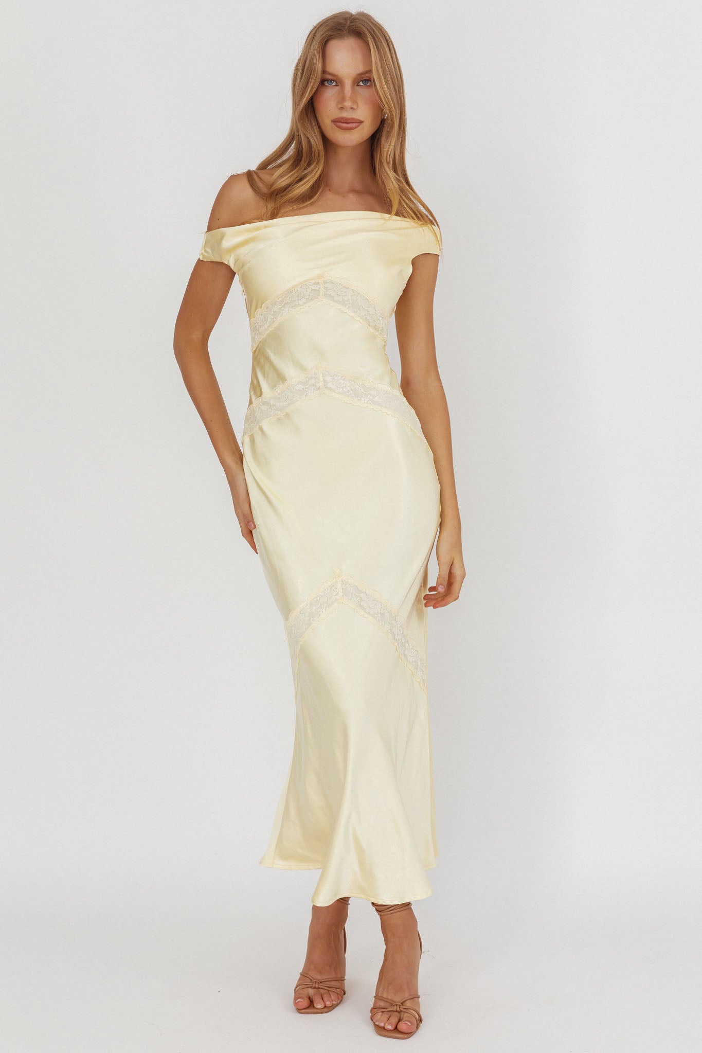 Revelation Off-Shoulder Lace Trim Maxi Dress Butter-Maymioy