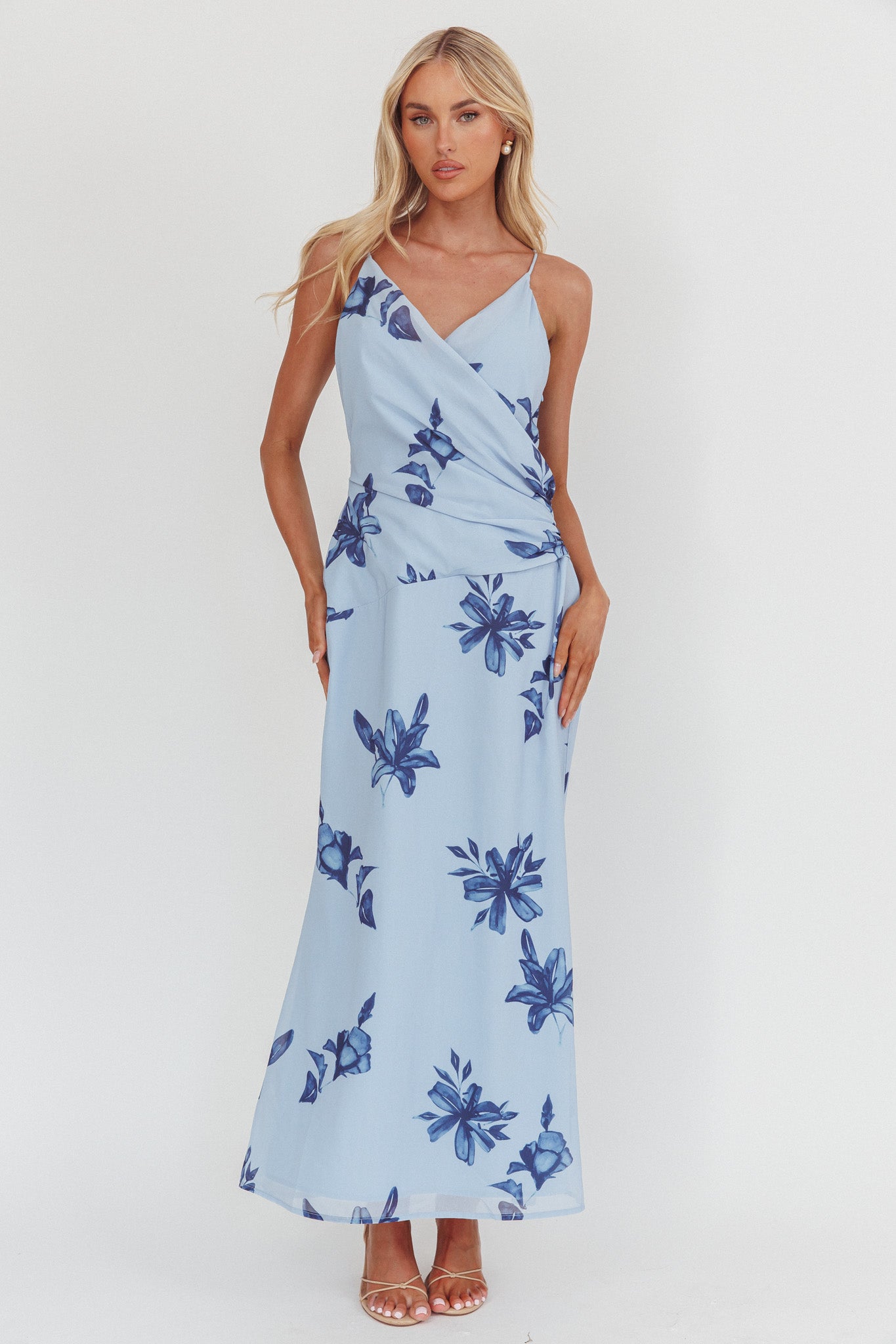 Lexxi Crossover Gathered Waist Maxi Dress Floral Blue-Maymioy
