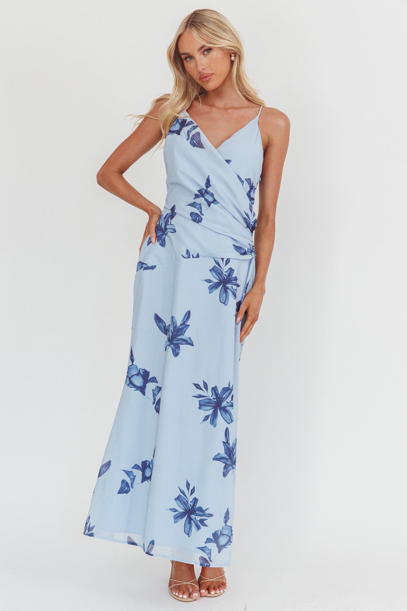 Lexxi Crossover Gathered Waist Maxi Dress Floral Blue-Maymioy