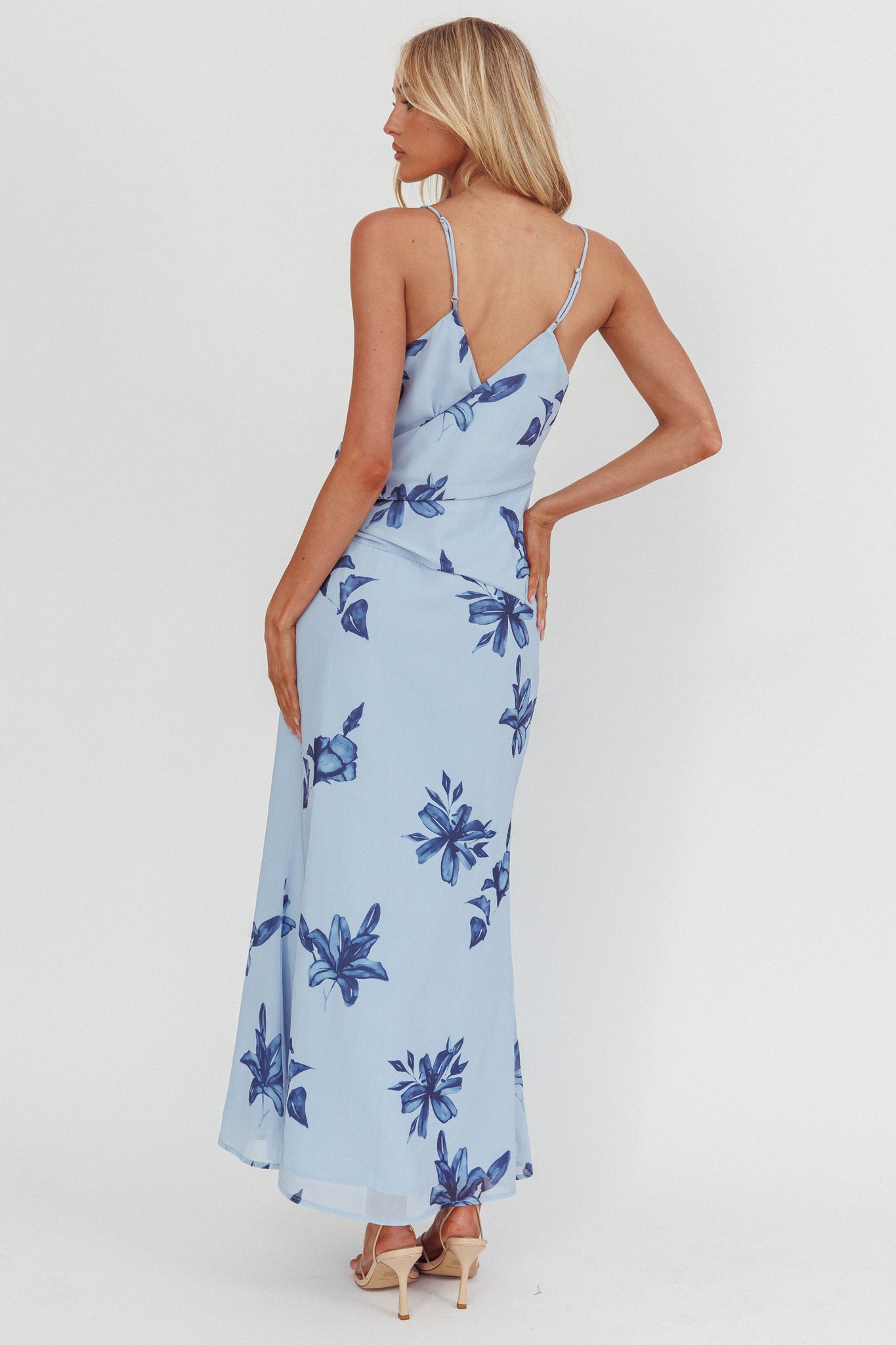 Lexxi Crossover Gathered Waist Maxi Dress Floral Blue-Maymioy