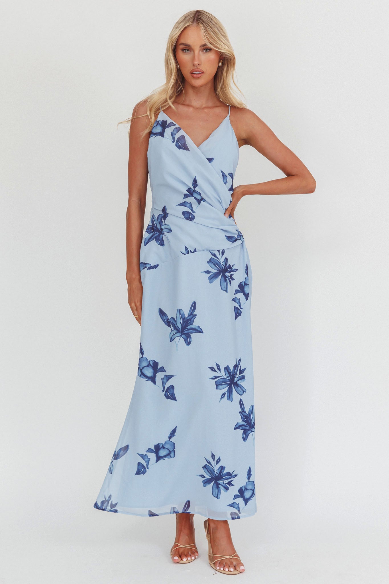 Lexxi Crossover Gathered Waist Maxi Dress Floral Blue-Maymioy
