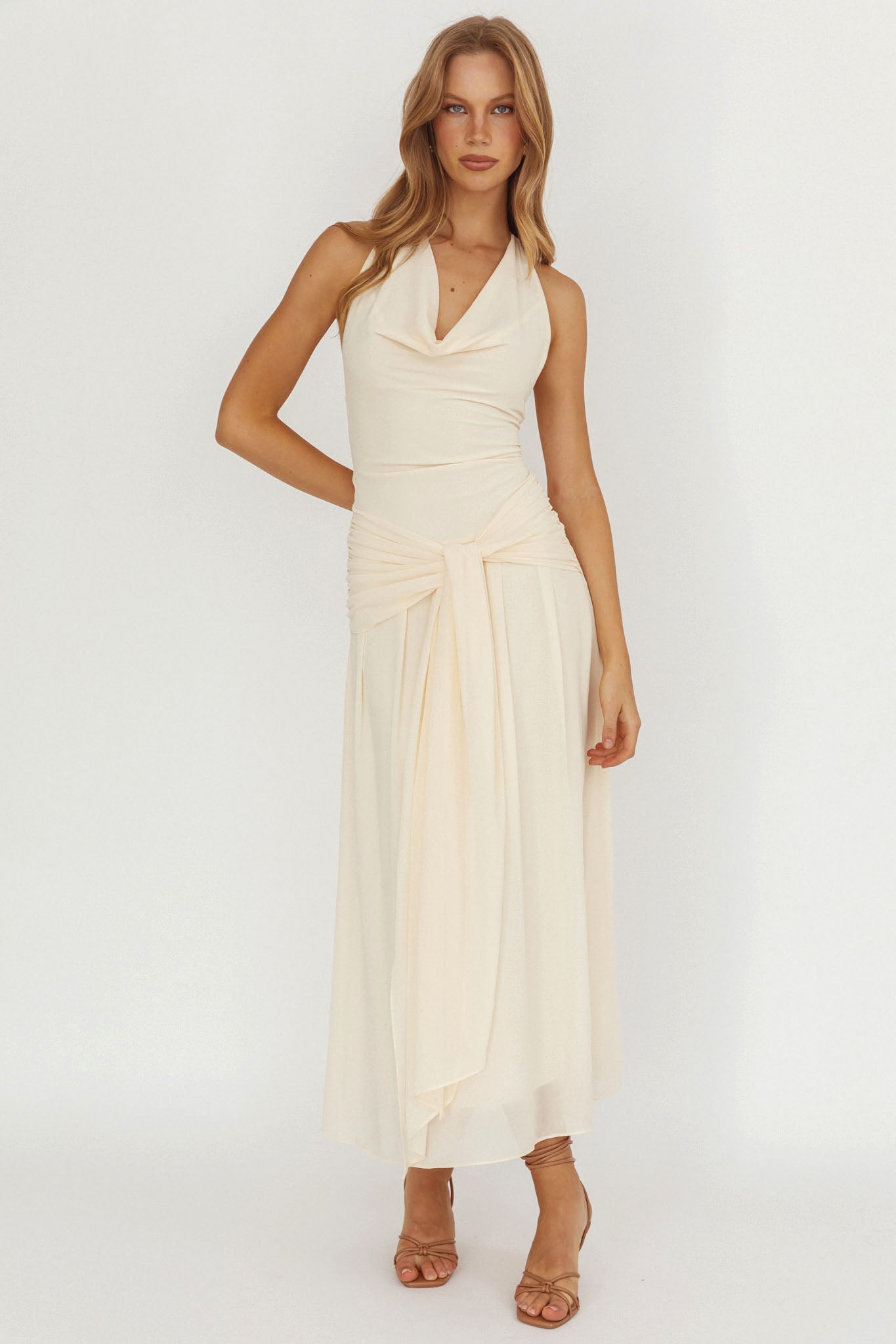 Maretha Cowl Halterneck Maxi Dress Butter-Maymioy