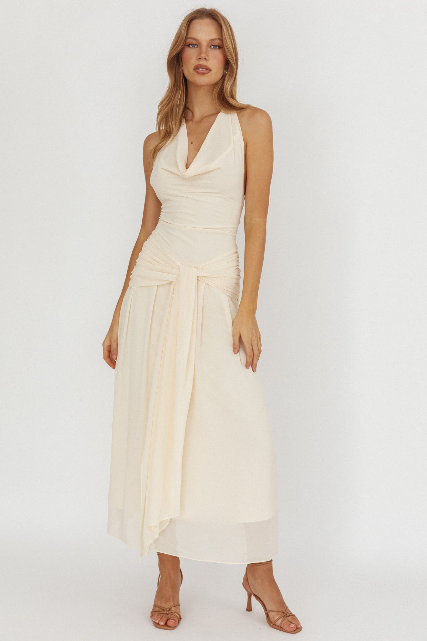 Maretha Cowl Halterneck Maxi Dress Butter-Maymioy