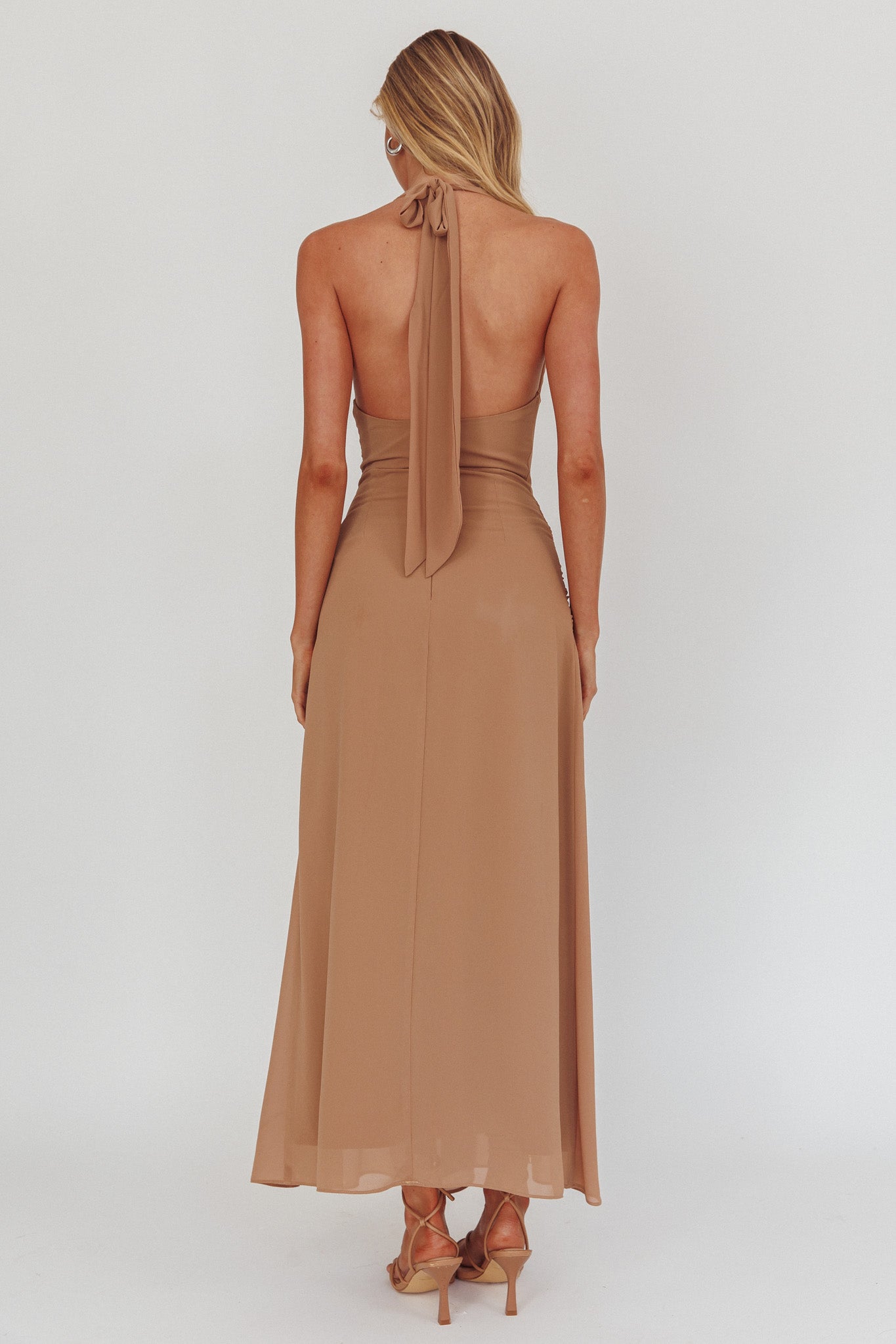 Maretha Cowl Halterneck Maxi Dress Latte-Maymioy