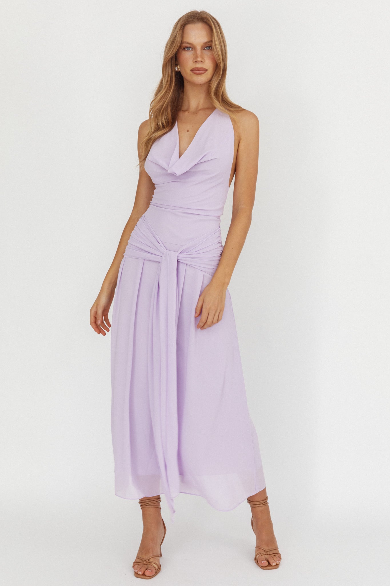 Maretha Cowl Halterneck Maxi Dress Lilac-Maymioy