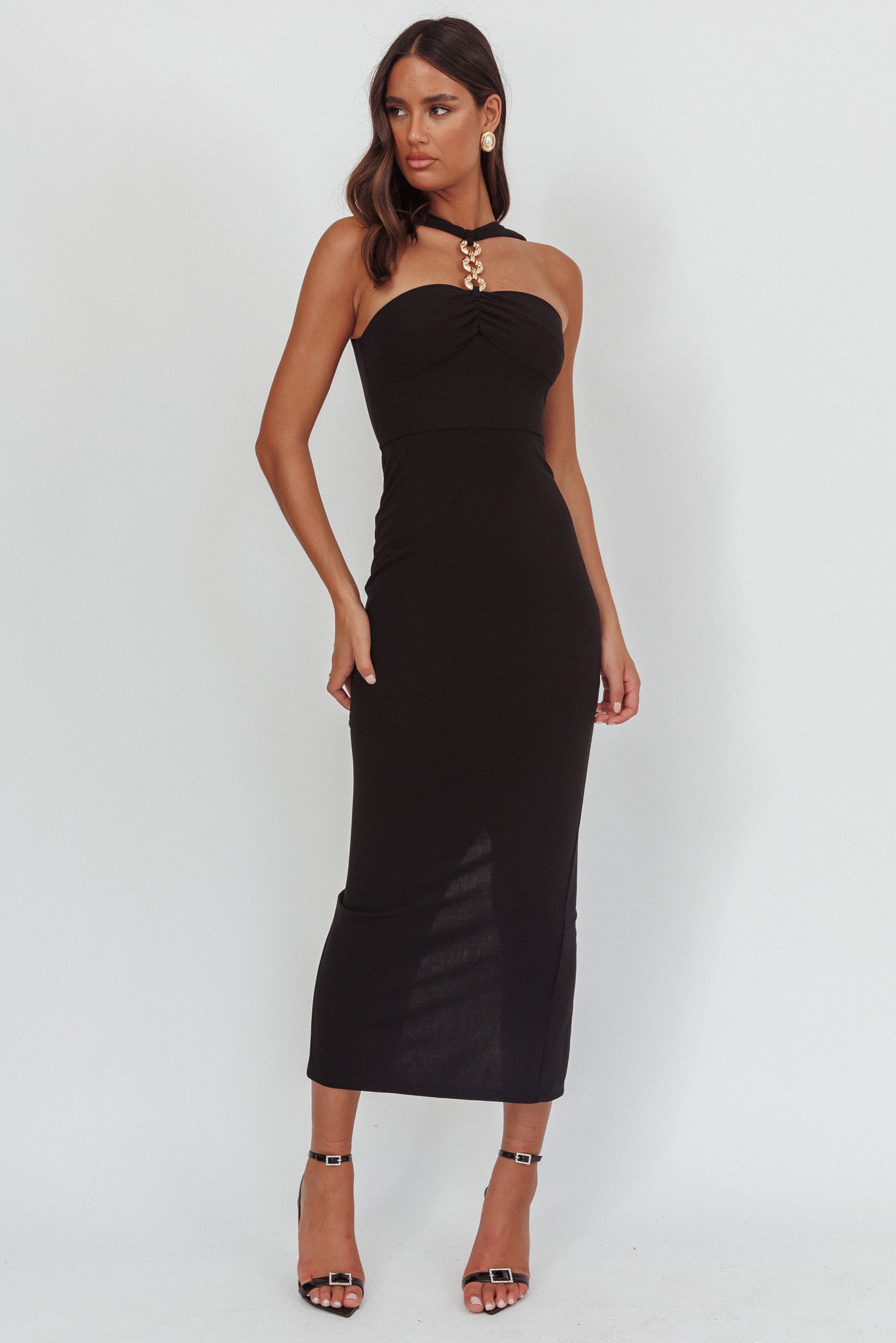 Maretha Gold Link Neckline Maxi Dress Black-Maymioy
