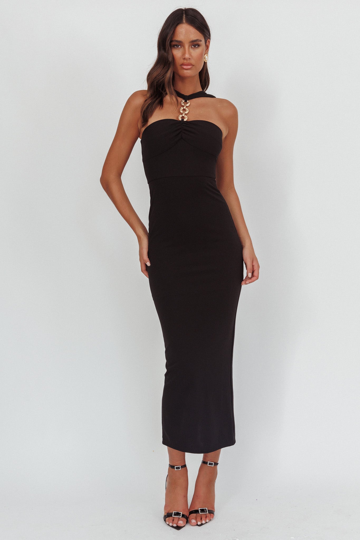 Maretha Gold Link Neckline Maxi Dress Black-Maymioy