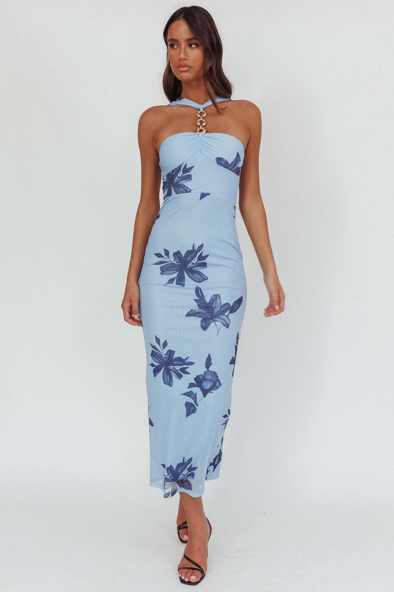 Maretha Gold Link Neckline Maxi Dress Lily Blue-Maymioy