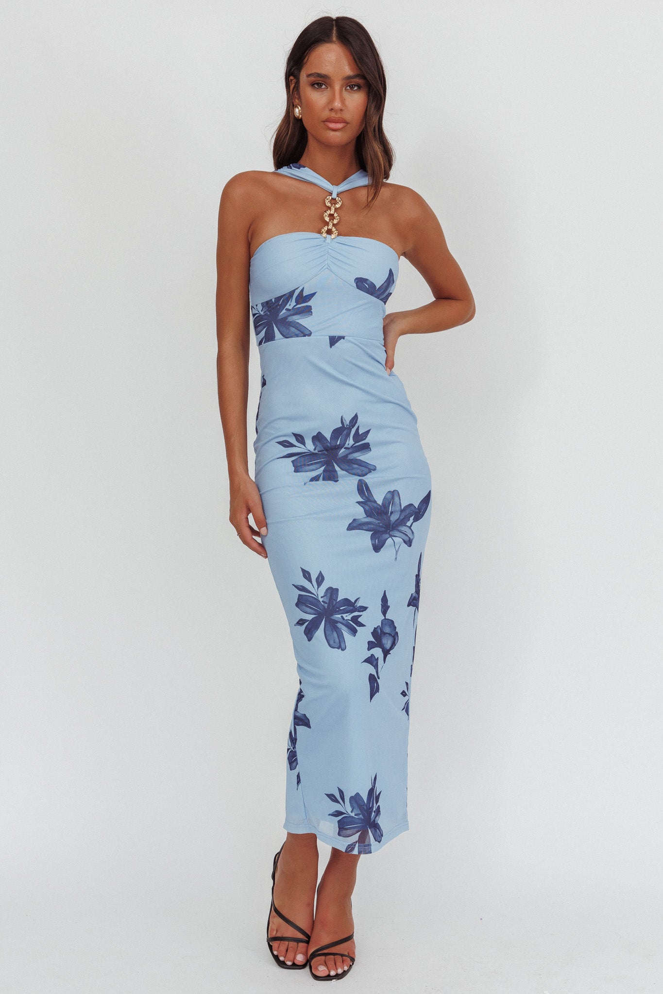 Maretha Gold Link Neckline Maxi Dress Lily Blue-Maymioy