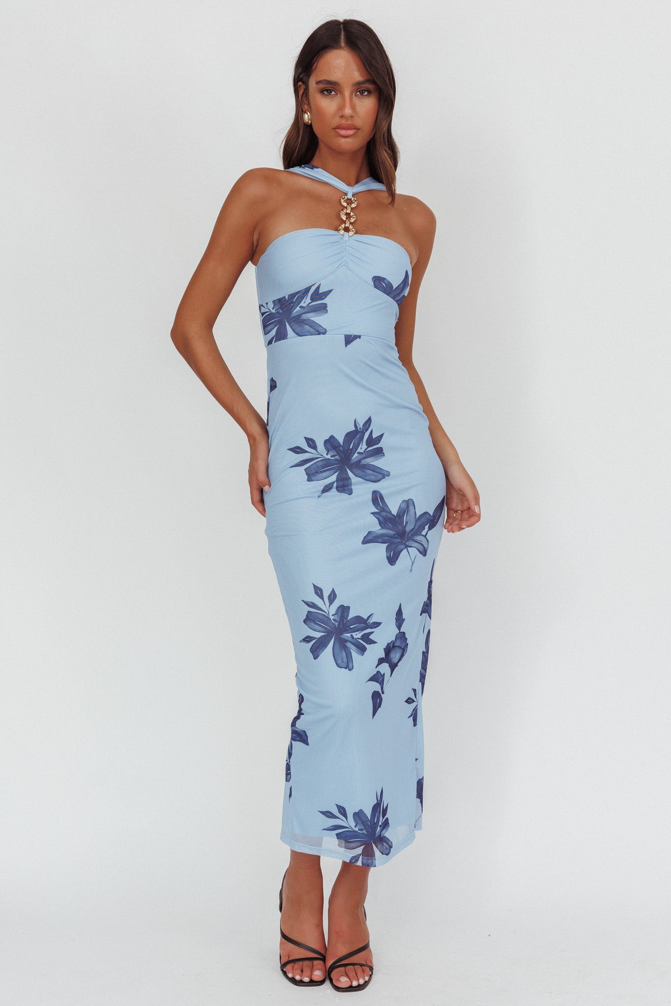 Maretha Gold Link Neckline Maxi Dress Lily Blue-Maymioy