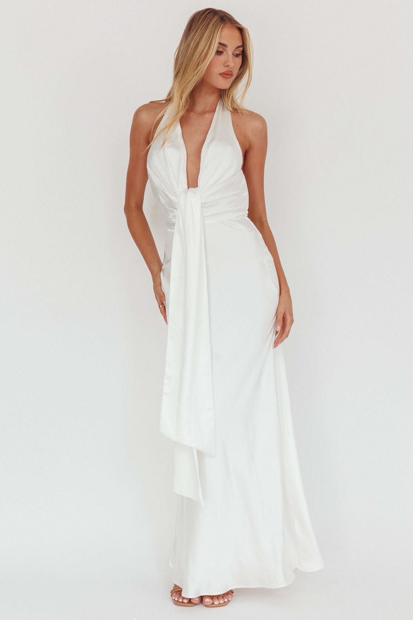 Make Believe Plunging Halterneck Maxi Dress Oyster-Maymioy