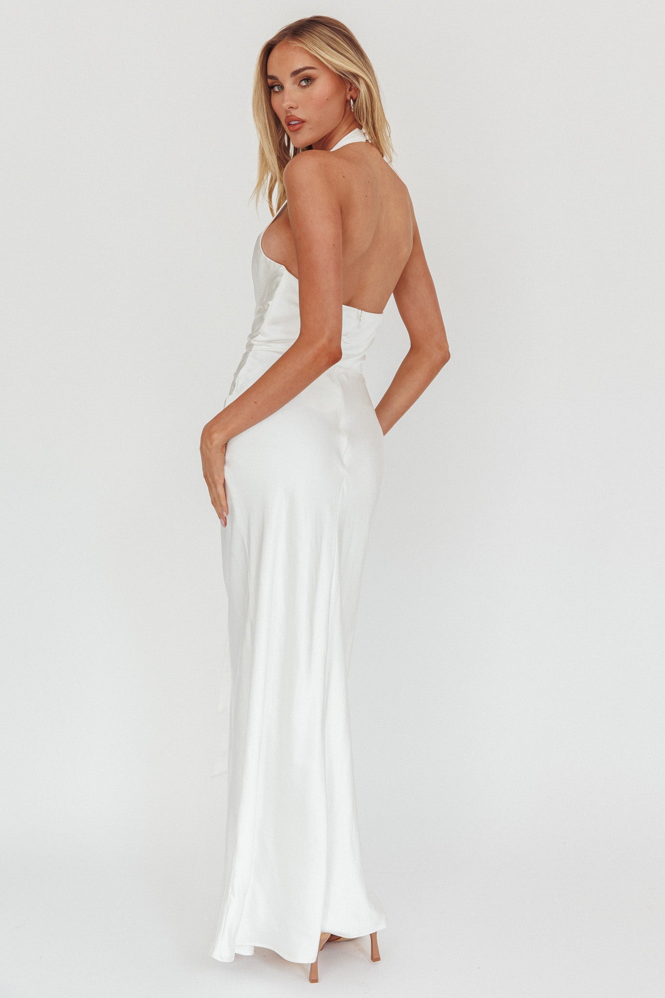 Make Believe Plunging Halterneck Maxi Dress Oyster-Maymioy